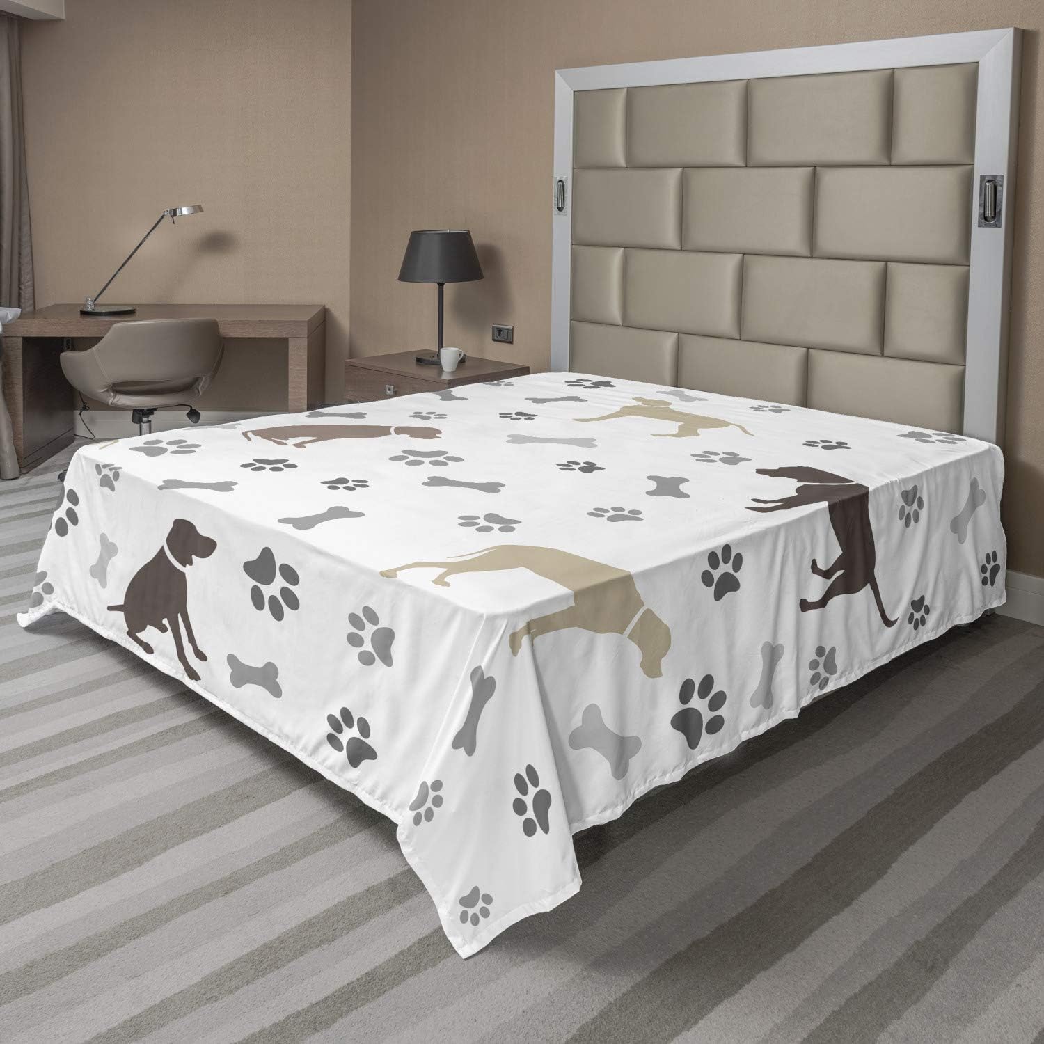 Ambesonne Dog Lover Flat Sheet, Paw Print Bones and Dog Silhouettes American Foxhound Breed Playful Pattern, Soft Comfortable Top Sheet Decorative Bedding 1 Piece, Queen Size, Umber Beige