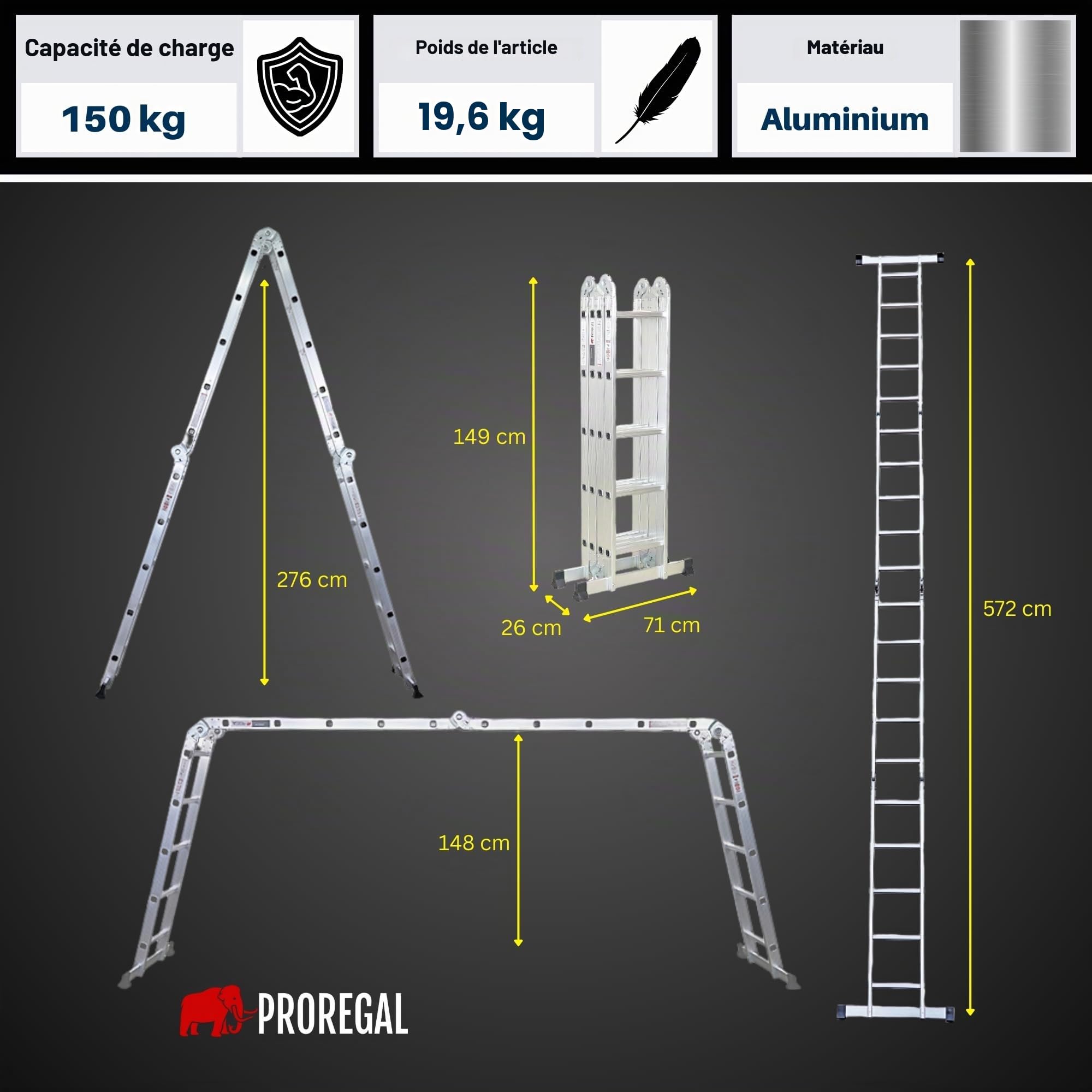PROREGAL Échelle multifonctionnelle à barreaux MULTISTEP, 4 Parties en Aluminium, 4x5 barreaux, Hauteur maximale 5,7 m, Charge maximale 150 kg, échafaudage, échelle Double, échelle Simple