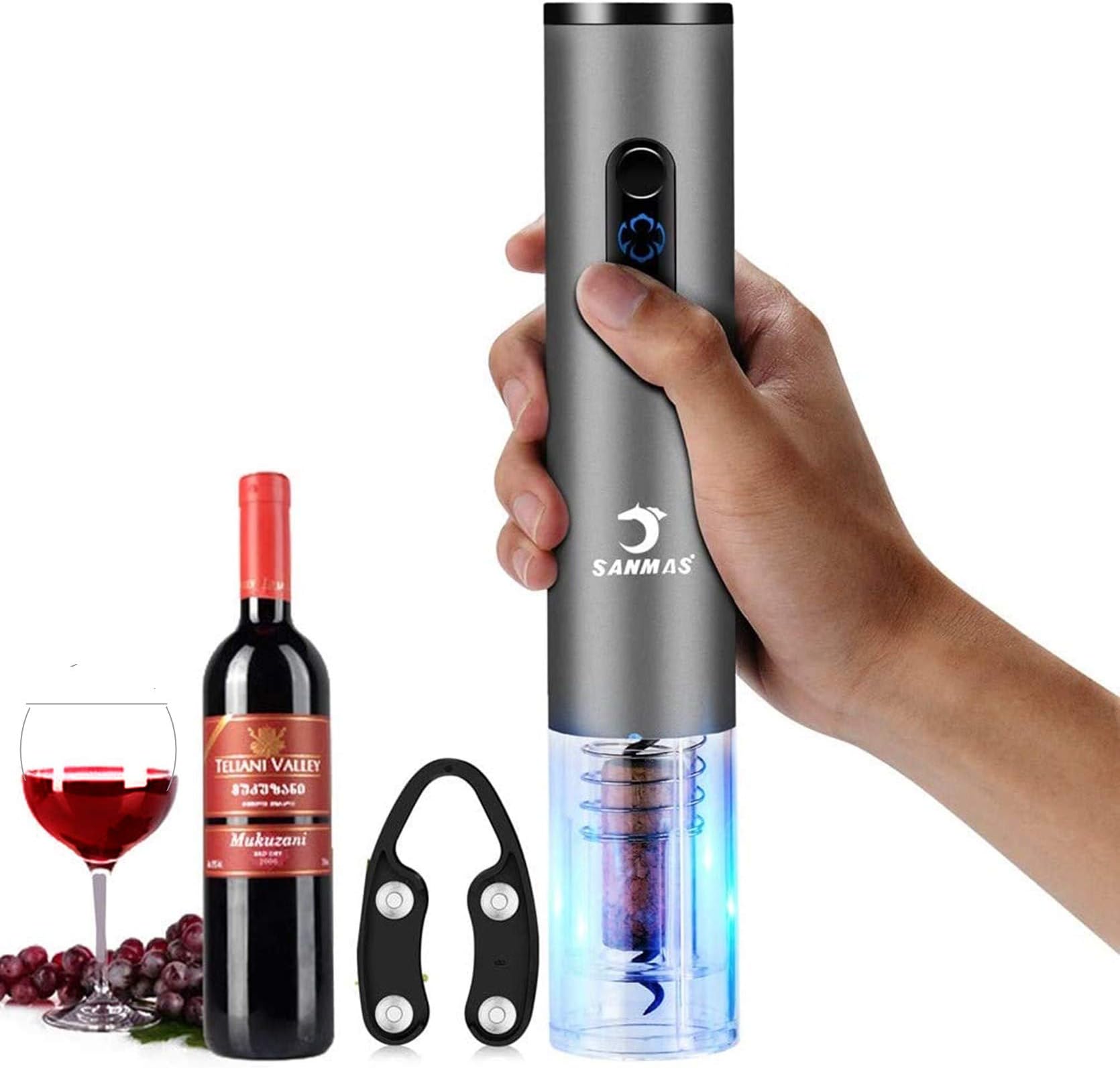 Electric Wine Bottle Opener with Foil Cutter, Automatic Corkscrews | Battery Powered Cork Remover | Cordless Amazingly Simple Wine Accessory | Wine Gifts for Wine Lovers - Grey