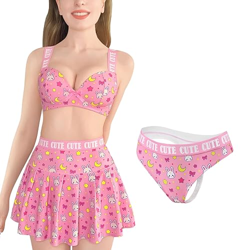 Littleforbig Women High Waisted Elastic 3 Pieces Usagi Sporty Mini Skirt Bralette Panty Set Plus Size Friendly - XX-Large - Pink