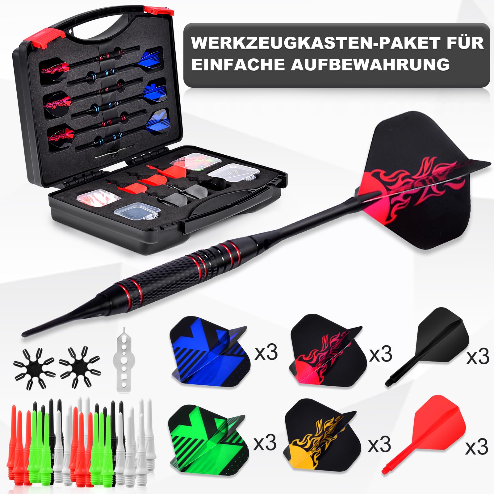 Dartpfeile Elektronische Dartscheibe,Dartpfeile Soft,Kunststoffspitze,12 Stück à 18 Gramm mit 120 Ersatzspitzen,6 Dartflügeln, Flight Protector, Aufbewahrungskoffer, Dart für elektronische Dartscheibe