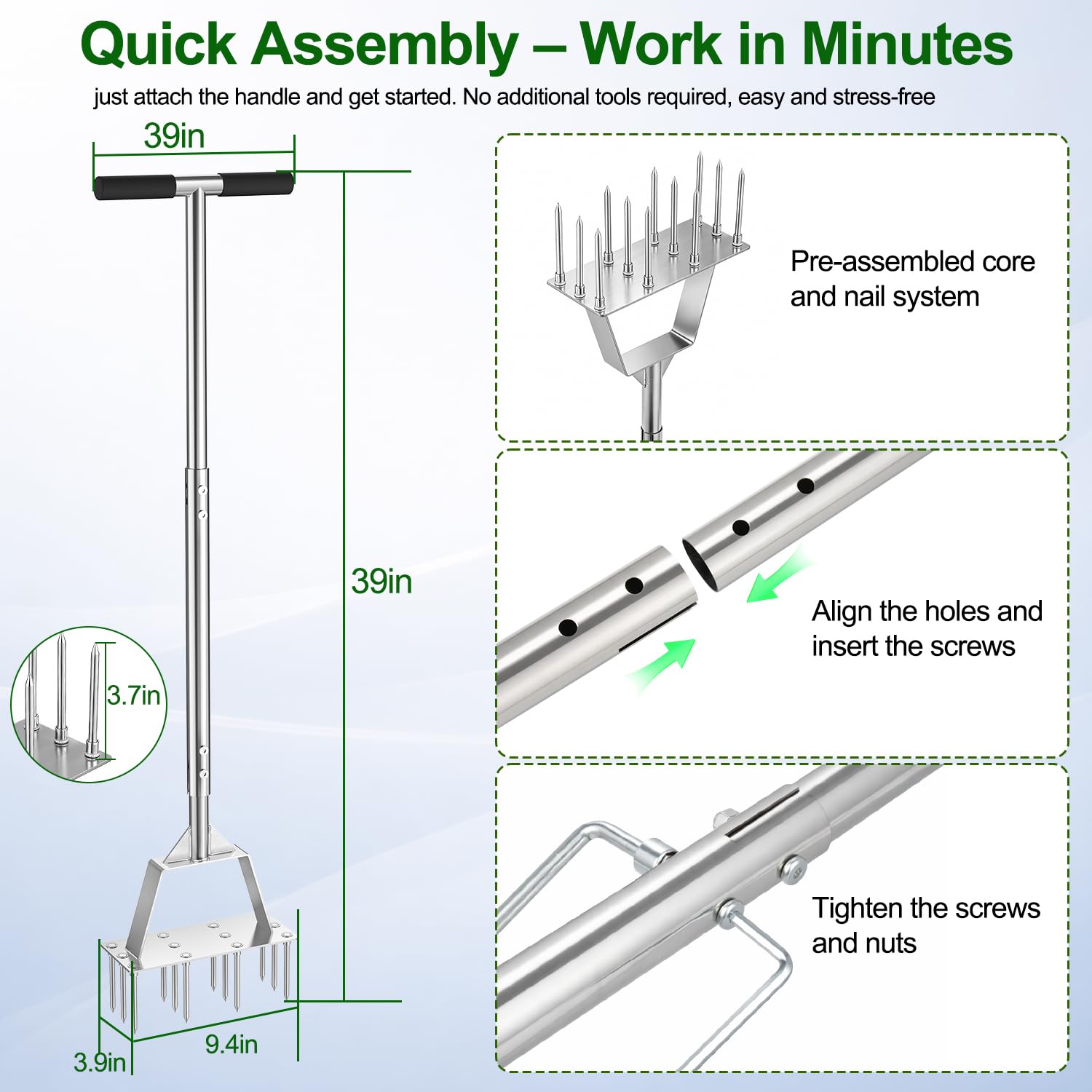 Rasenlüfter, Manueller Aerifizierer für Rasen mit 12 Spikes,Belüfter Werkzeuge für Rasenpflege und Verdichtete Böden, Langer Griff(99cm)
