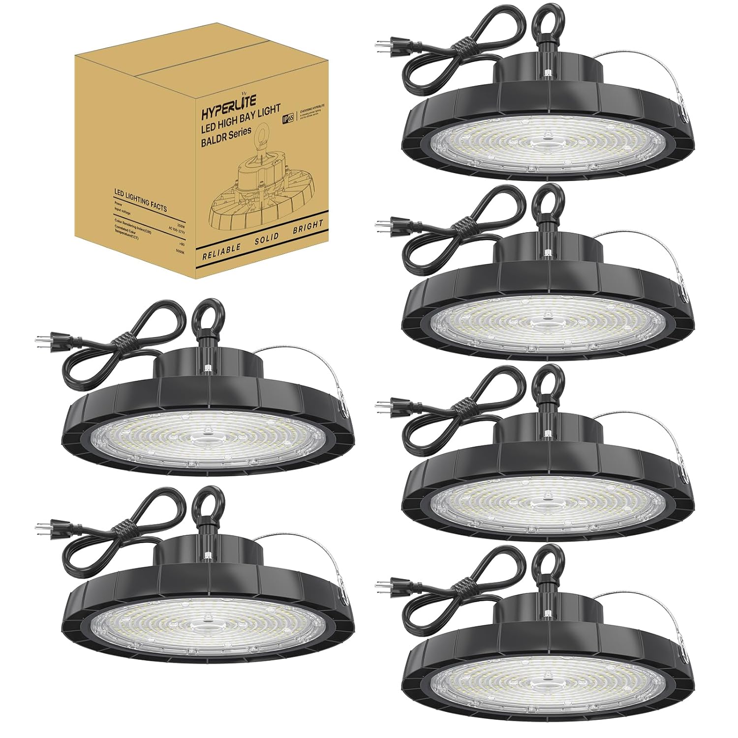 HYPERLITE LED High Bay Lights 200W 5000K LED Shop Lights 28000LM 6 Packs AC100-277V with Plug 5 Cable