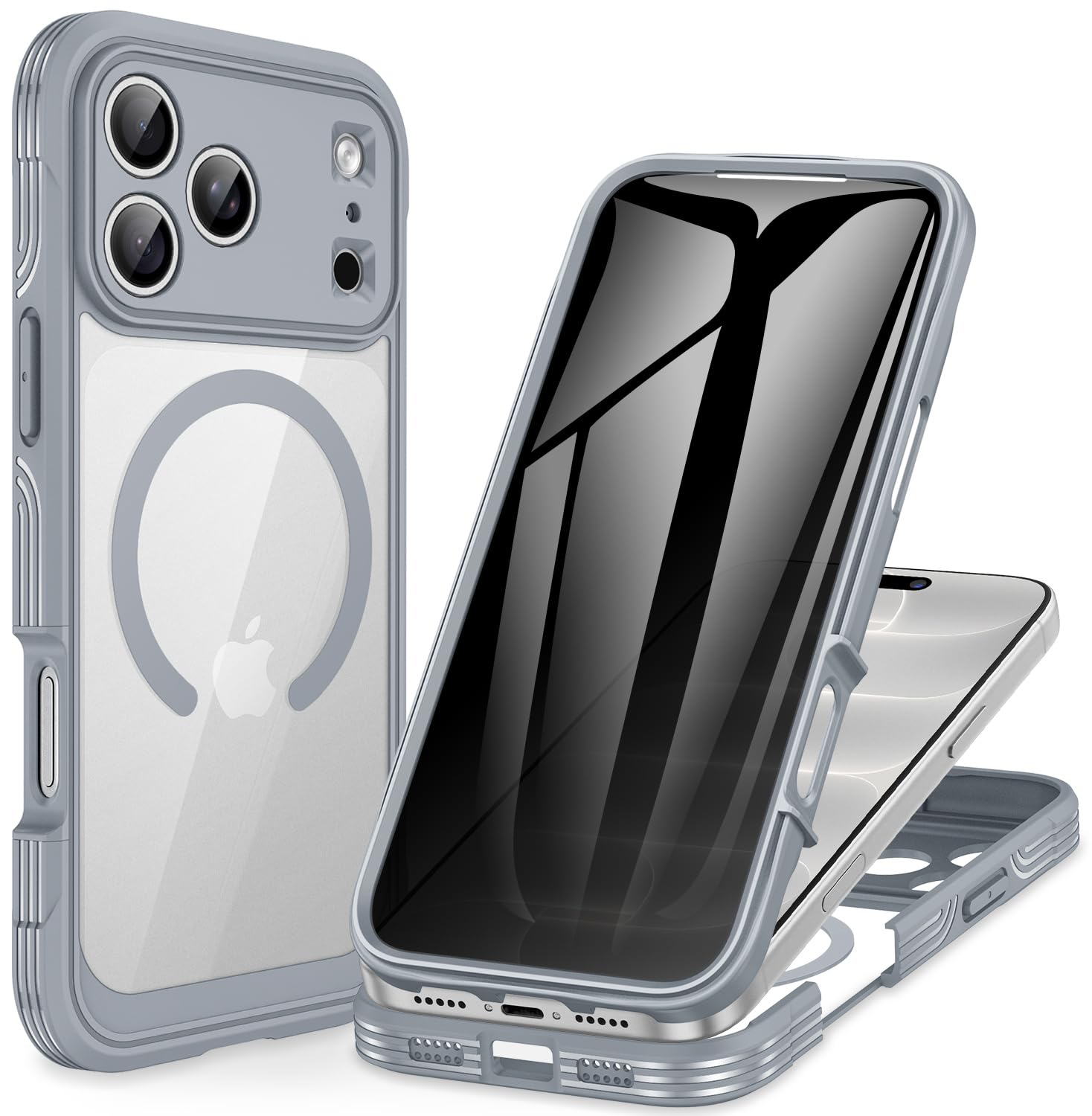 CENHUFO Antiespia Funda para iPhone 18 Pro/iPhone 17 Pro [Compatible con MagSafe] Integrado 9H Cristal Templado Pantalla y Protector Cámara, 360 Grados Antigolpes Magnética Carcasa Capa Case -Gris