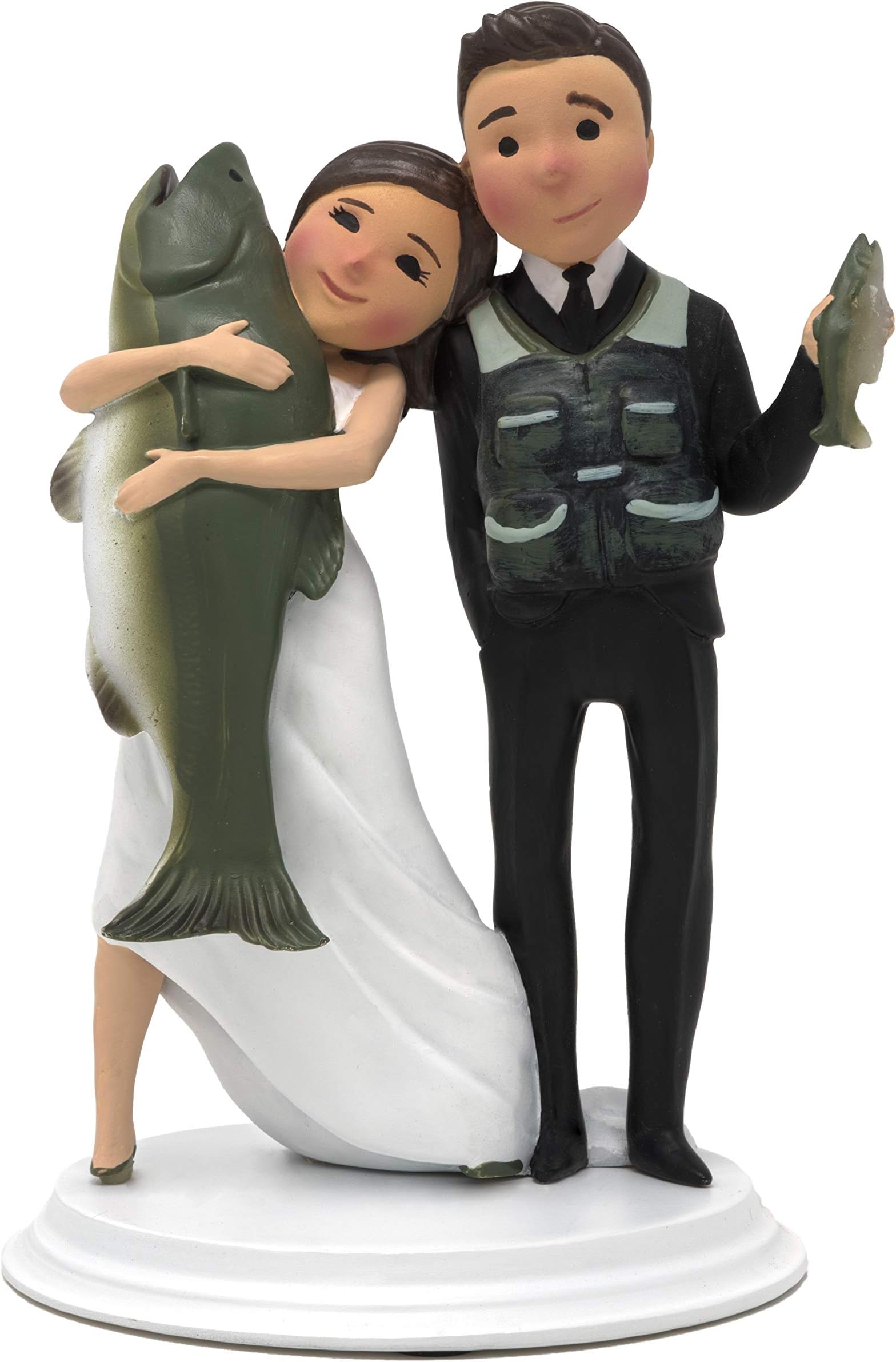 Dihtan Unique and Funny Fishing Wedding Cake Toppers Bride and Groom (Light Skin Dark Hair)