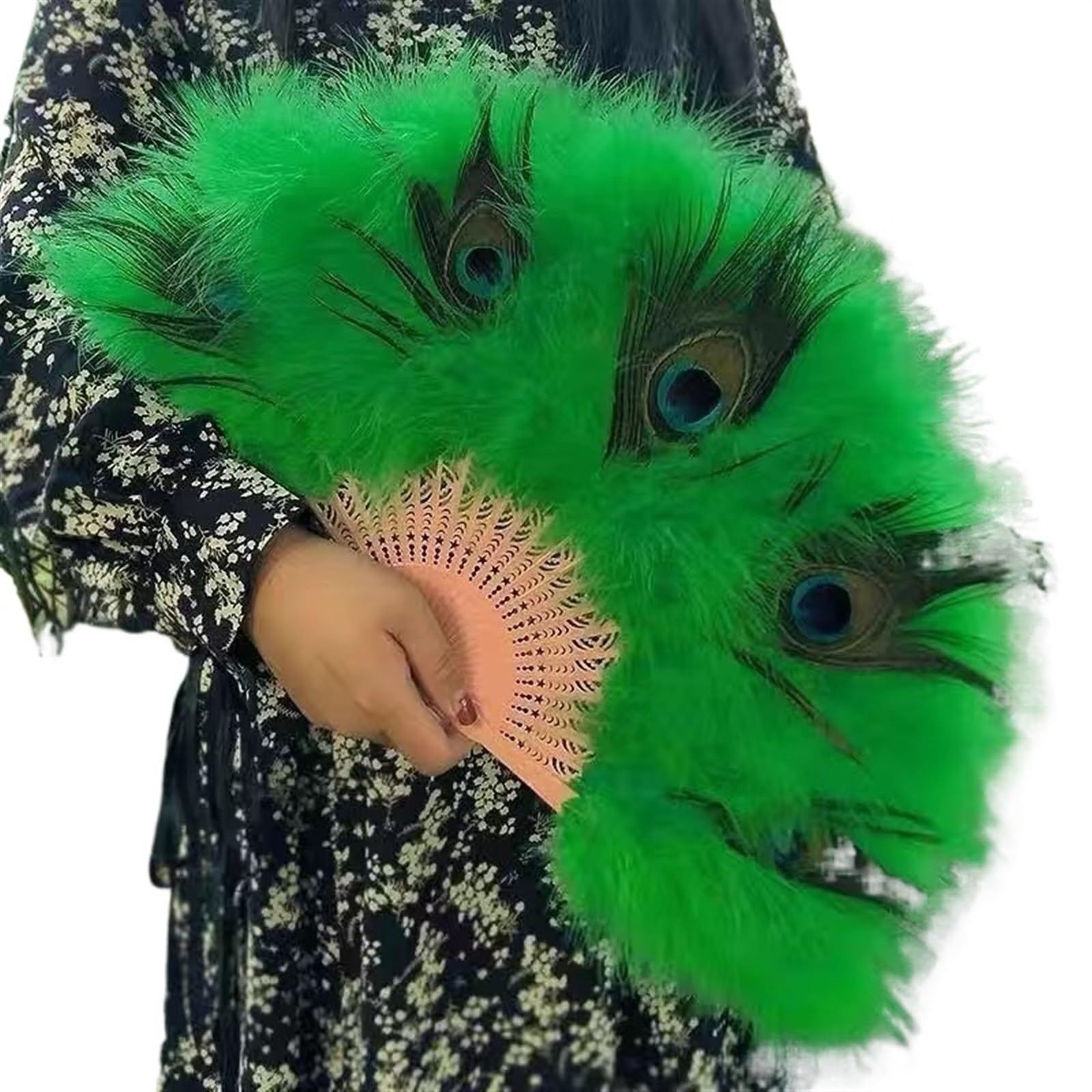 Składany wachlarz z piór, Wachlarz z piór Cheongsam Show na żywo Taniec Wachlarz ręczny Dekoracja weselna(Green)
