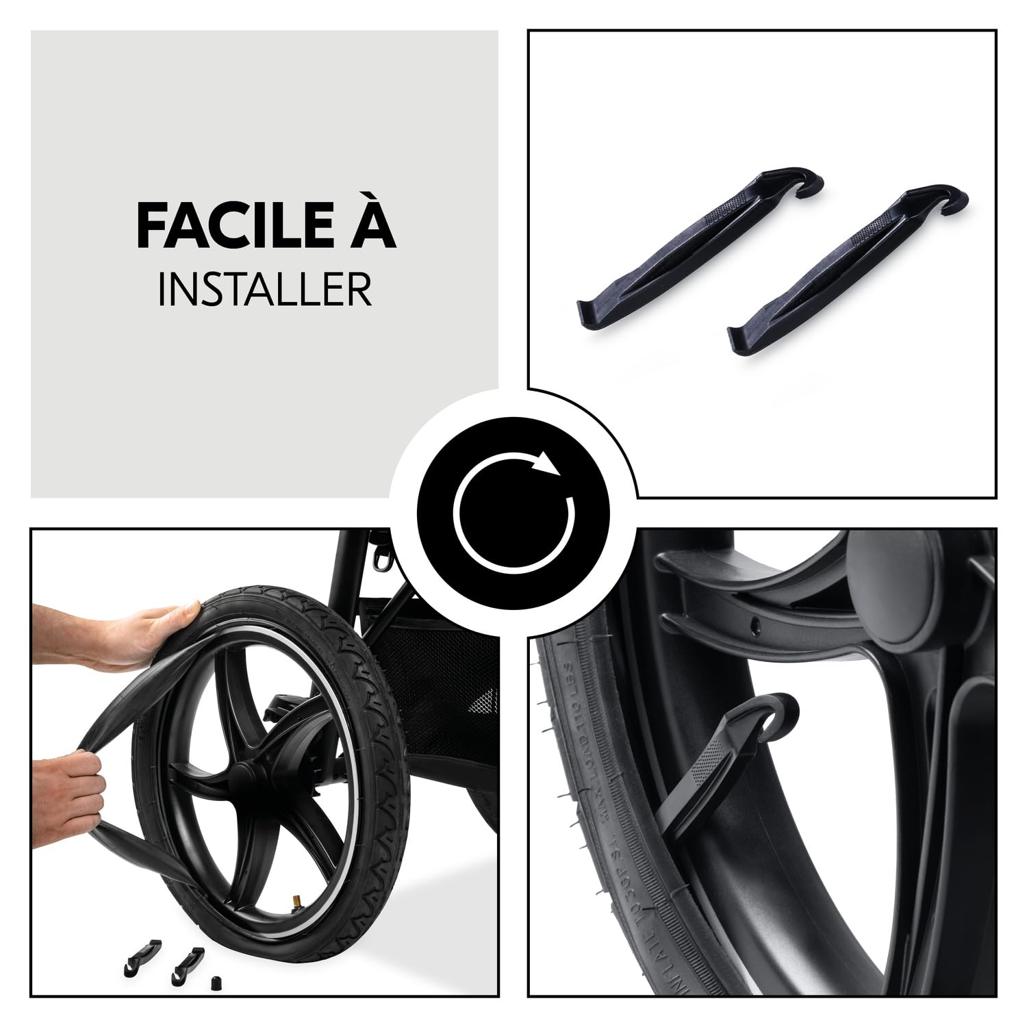 hauck Kit Reparation Pneu Chambre a Air Poussette, 2x 16 Pouces et 1x 12 Pouces - Inclus Démonte-Pneu, Roue de Rechange Poussette 3 Roues - Compatible avec Série hauck Runner - Noir