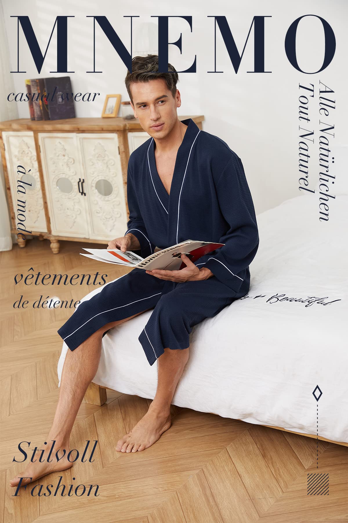 Mnemo Leichter Bademantel Herren Baumwolle Kimono Waffle Morgenmantel
