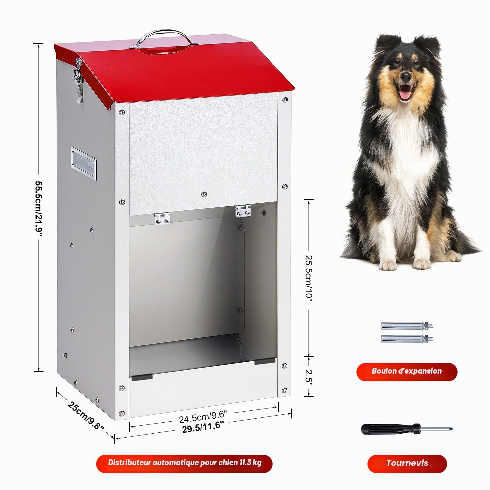 Distributeur Croquettes Chien Automatique, Mangeoire Gravity pour Grand Chien Capacité 11 Kg, Couvercle Protecteur, Idéale Intérieur et Extérieur