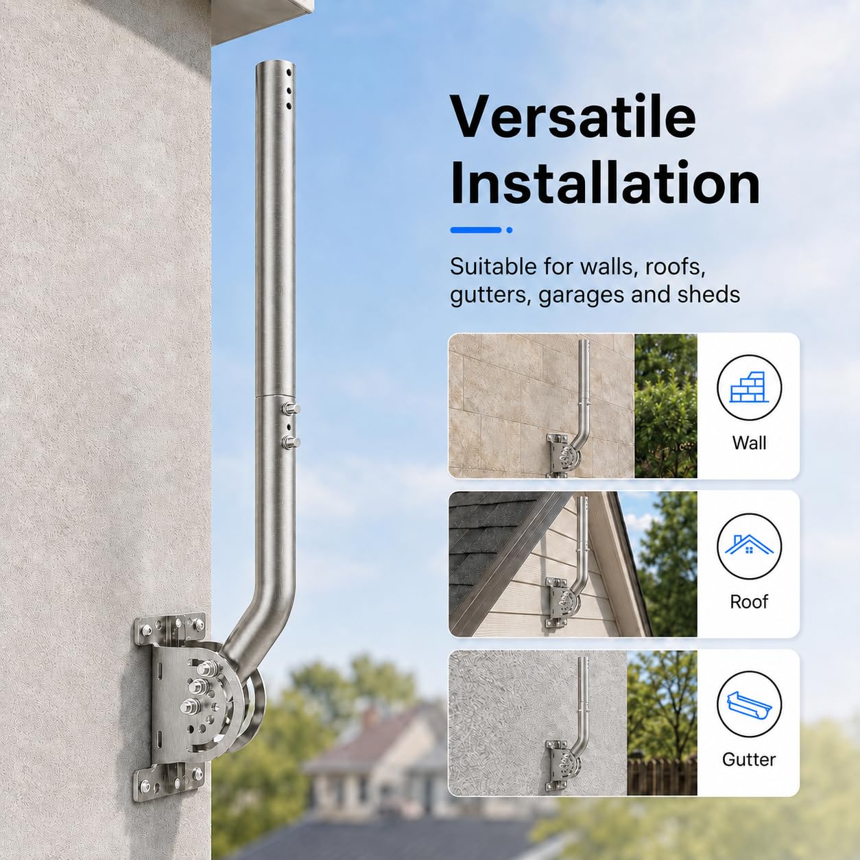 Support d’Antenne Mural 33 cm en Acier Inoxydable 430 avec Tube d’Extension 35,5 cm, Mât en J Réglable à 3 Vis, Fixation Mur/Toit/Poteau pour Antenne TV, WiFi, CPE, Point d’Accès, Station Météo