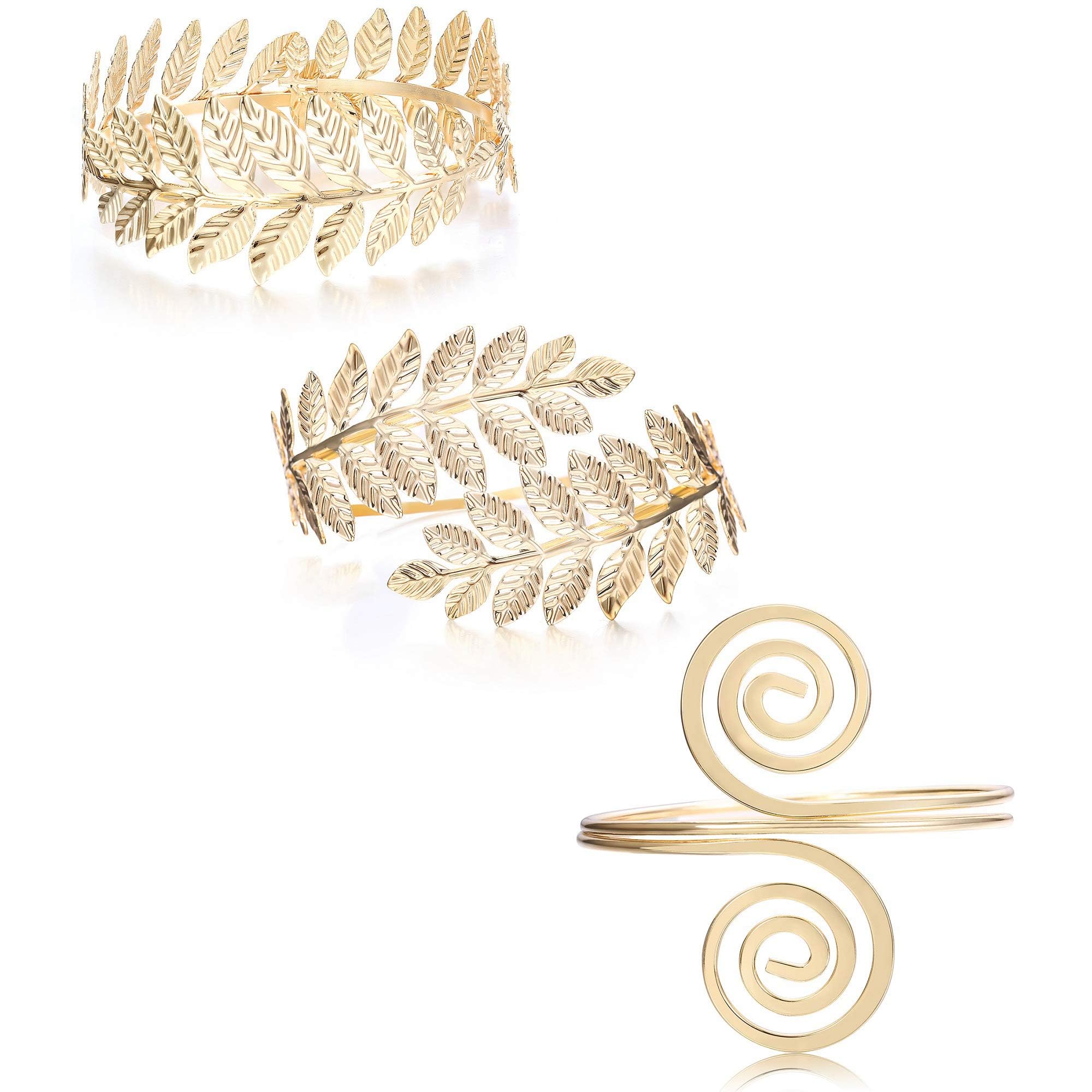 3Pcs Upper Arm Bracelet Cuff Victorian Filigree Swirl Gypsy Boho Gold Plated Bangle Bracelet Open Armlet Leaf Armband Jewelry Set-image-1