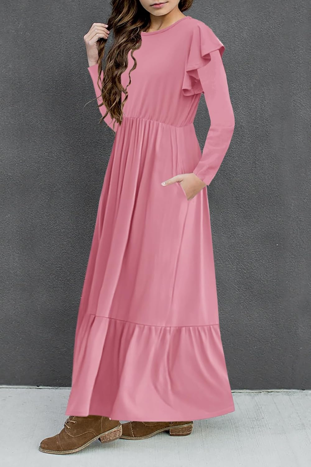 HOSIKA Girls Fall Ruffle Long Sleeve Crew Neck Loose Casual Flowy Tiered Maxi Dress with Pockets for 6-12 Y - Image 3
