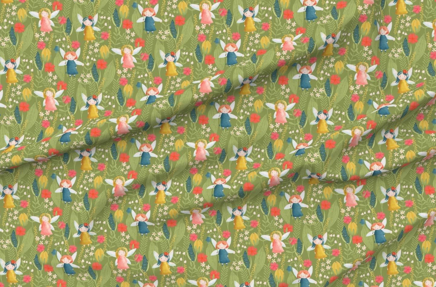 Spoonflower Fabric - Spring Fairies Green Blue Flowers Leaves Red Nature Plants Printed on Organic Cotton Sateen Fabric by The Yard - Sewing Quilting Apparel Home Decor