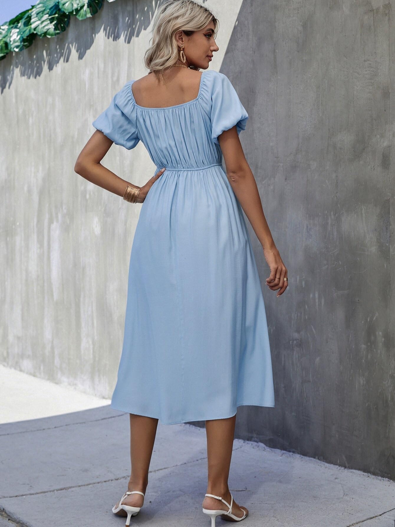 baby blue puff sleeve dress Beulah Styles Short Bubble Sleeve V Neck Mini Dress - Black - Cocktail Dress