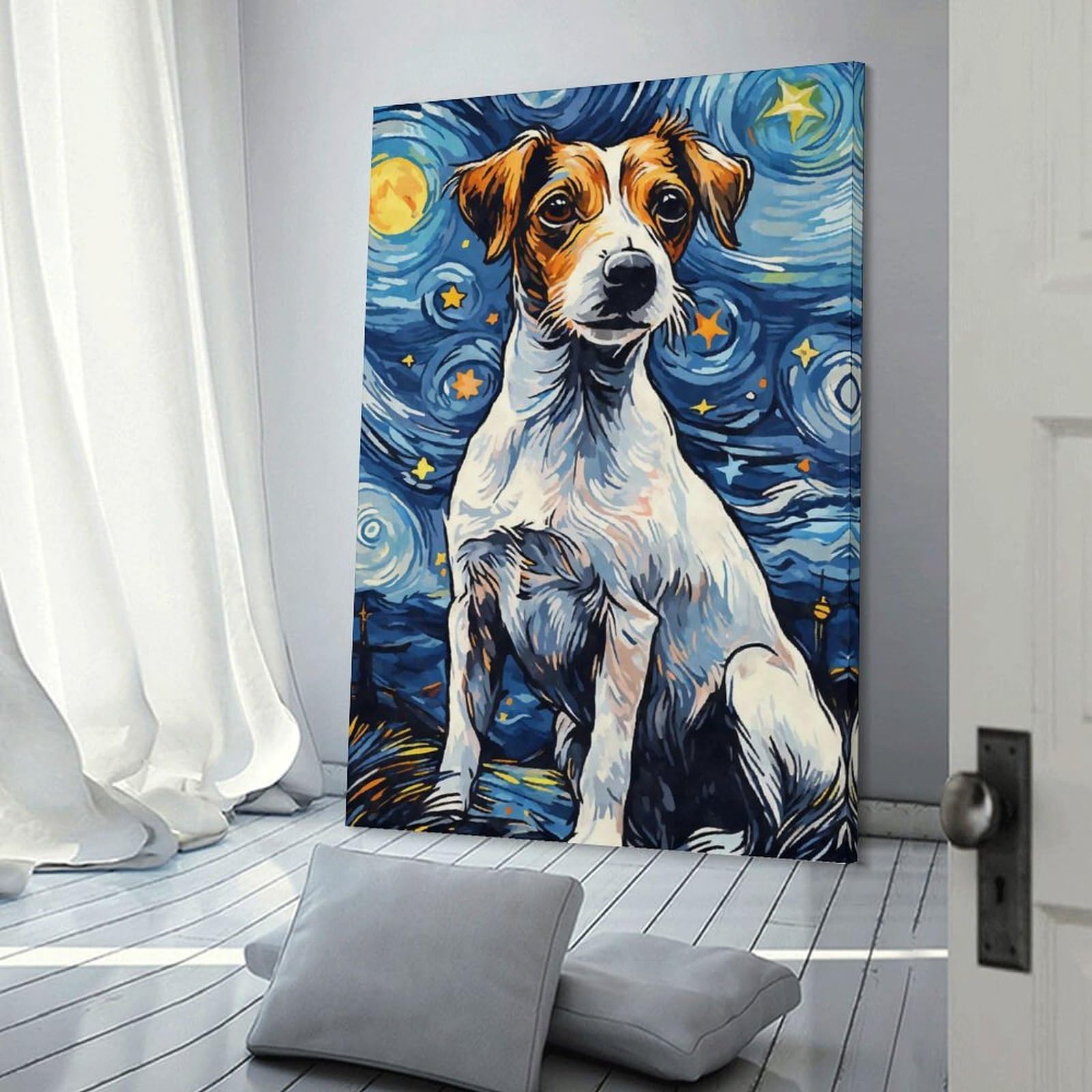 Junmoney Canvas Wall Decor Jack Russell Terrier Night, 20x30inch(50x75cm), for Lounge Decor, Bedroom Walls Or Flats, Eye Catching Artwork for Blank Walls