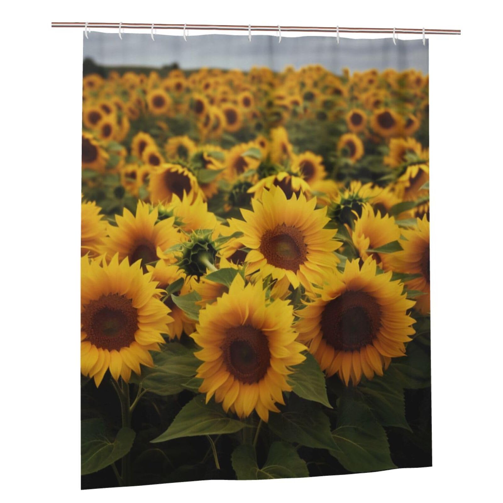 BWWHCCTI Yellow Sunflower Field Printed Shower Curtain With 12 Plastic Hooks Opaque Quick Drying Waterproof Shower Curtains Sets For Bathroom 152x183 Cm