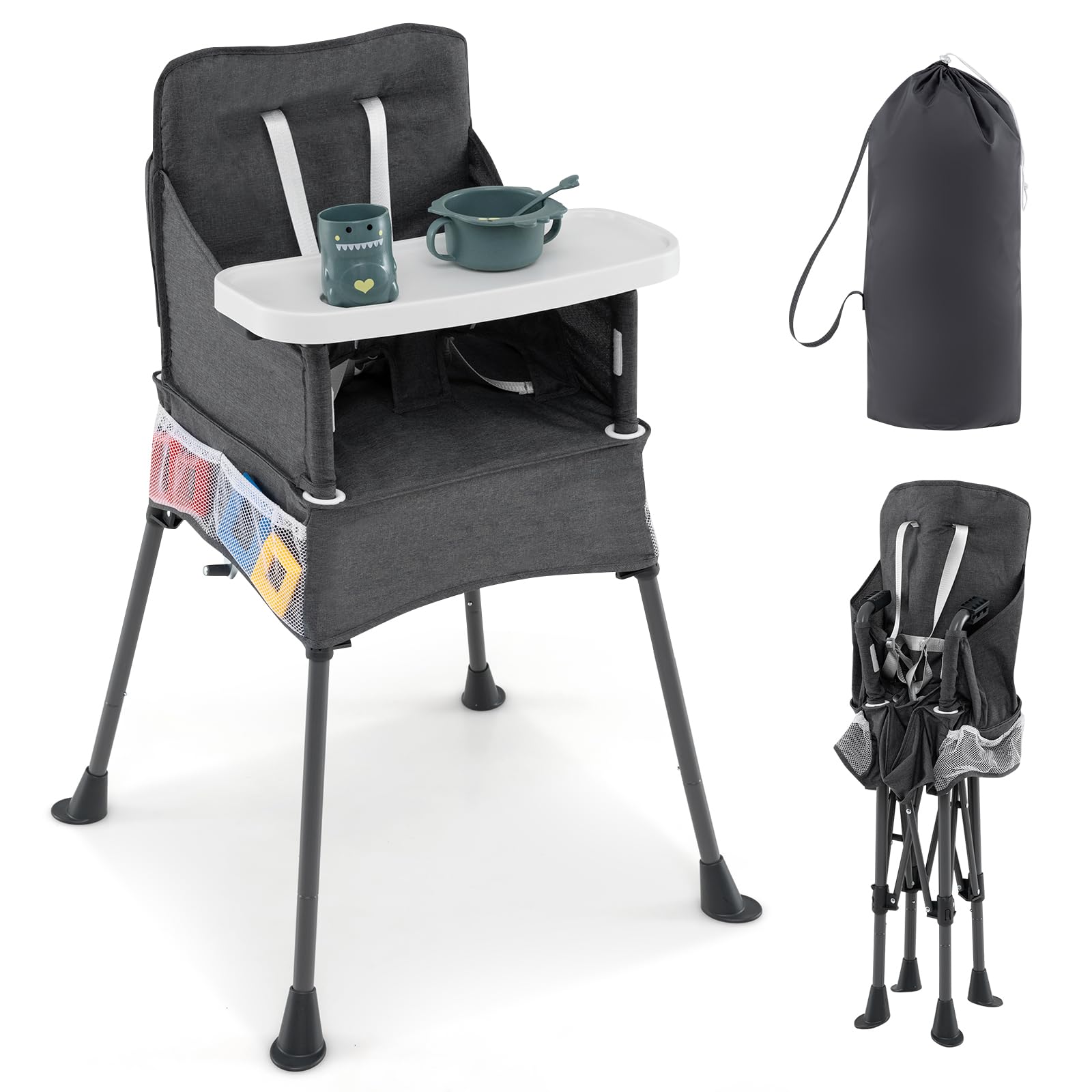 GOPLUS Trona Plegable para Bebés, Silla Alta Portátil Moderna de Viaje con Bandeja de 2 Posiciones, Protector Ajustable de Seguridad, Tejido Lavable, Bolsillos para Comer para Bebés de 6 a 36 Meses