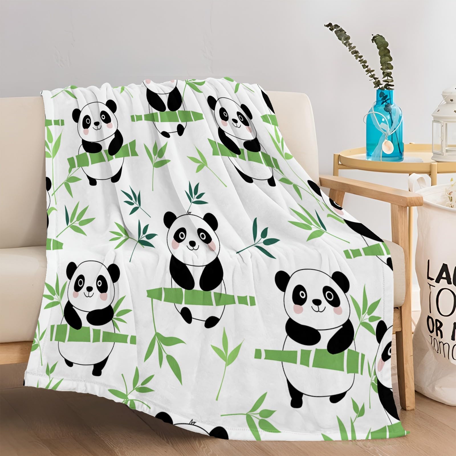 Plaid Couverture Polaire Dessin Animé Panda Géant Bambou Vert 220x240 cm Couverture Flanelle pour Lits Canapés, Couverture Sherpa Douce Et Chaude, Couverture Imprimée Enfants et Adultes