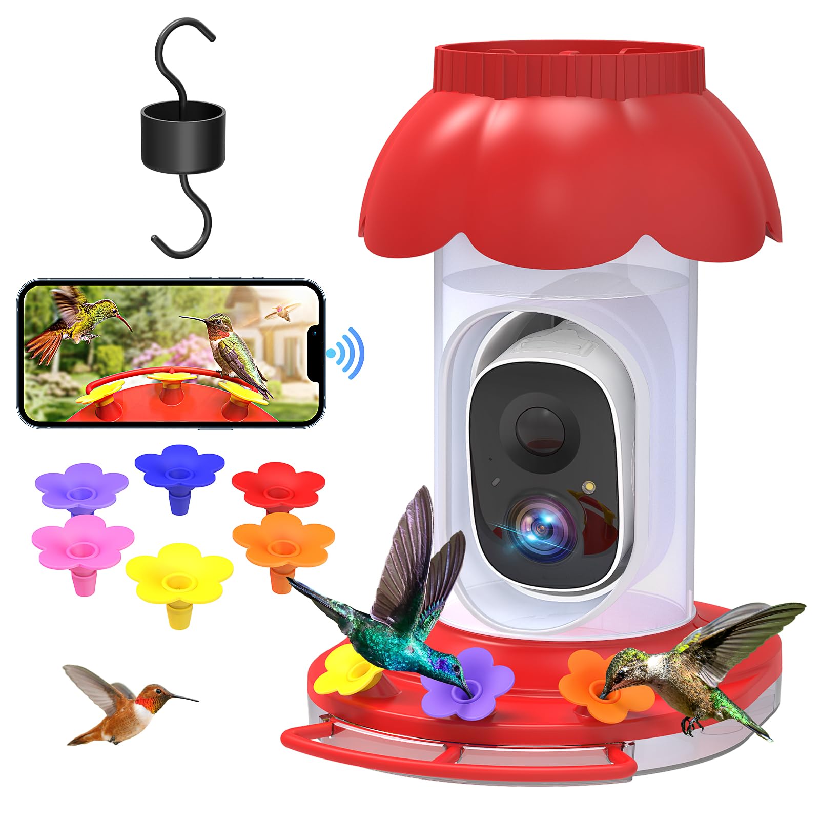 Hummingbird Feeder Camera for Outdoors Hanging Ant and Bee Proof- AI Identify Bird Species Bird Watching Camera with 3 Feeding Ports 6 Color Replacement Flowers IP67 Gifts for Bird Lovers