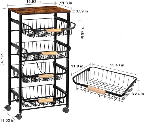 Miniatura 3 de Carrito de almacenamiento de cocina con ruedas, carrito de metal de 4 niveles, cesta de malla con mesa de madera para almacenamiento de frutas,