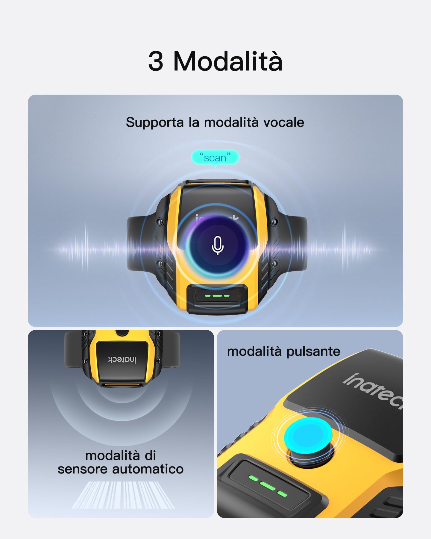 Inateck Lettore Codice a Barre Indossabile 1MP 2D QR, Scanner da Polso a Mani Libere con Controllo Vocale, Inclinazione Ergonomica 10°, Bluetooth 5.3, Leggero (60g) per Smistamento, Nano 370