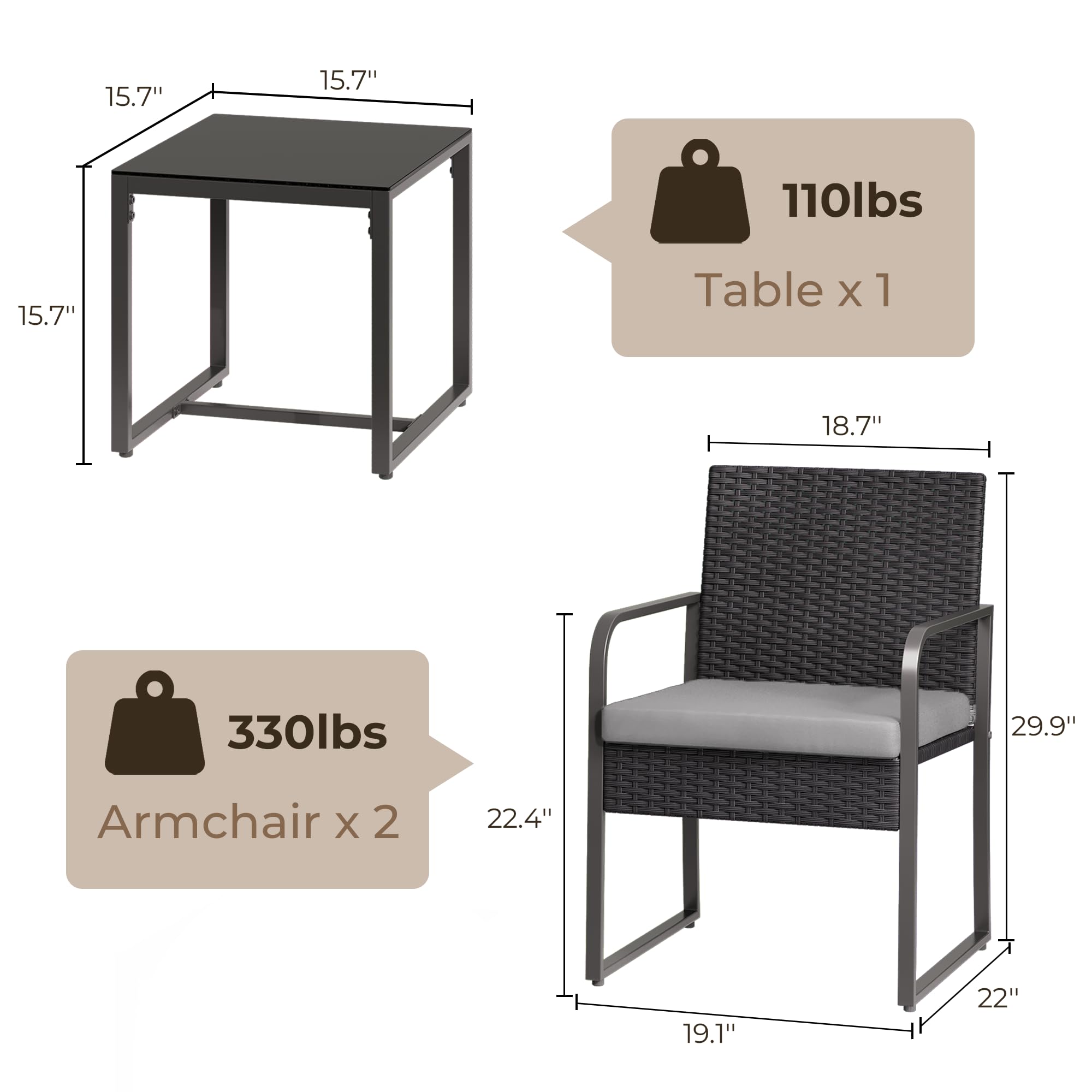 Set Giardino in Rattan per 2 Persone, Mobili da Esterno in Vimini con Cuscini, Tavolino e 2 Sedie per Terrazza, Balcone, Giardino o Piscina (grigio)