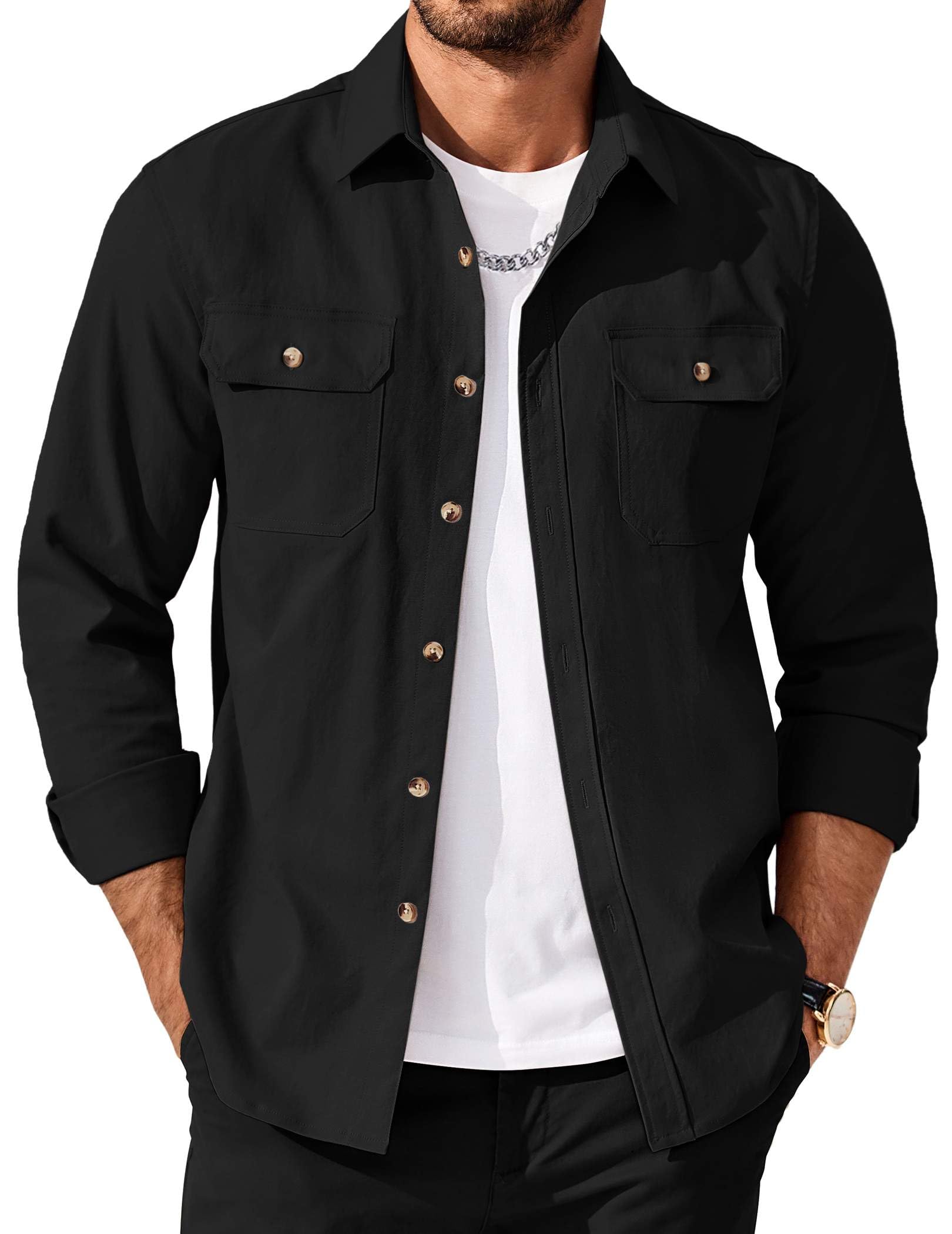 COOFANDY Men's Long Sleeve Button Up Shirt Jacket with Flap Pockets