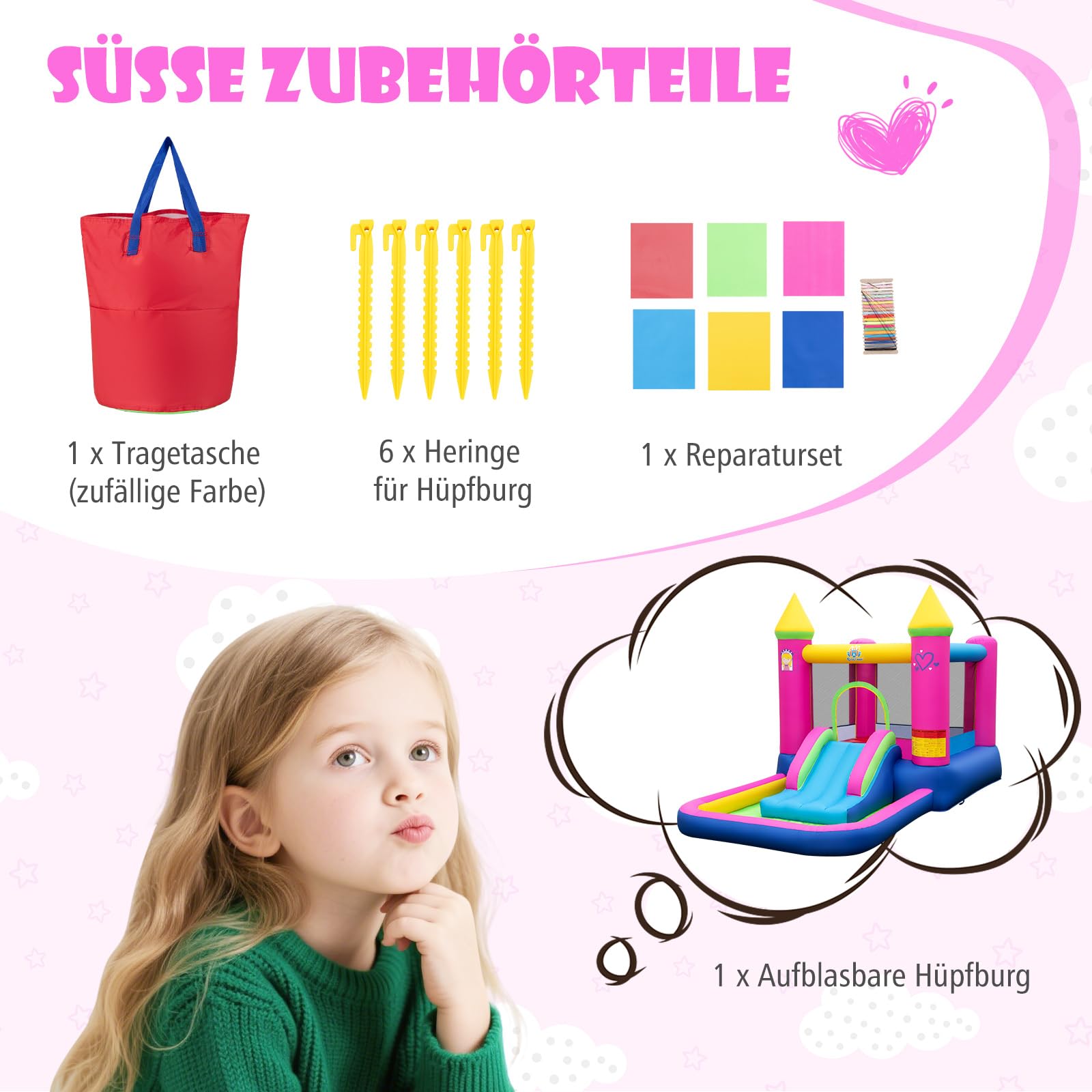 COSTWAY Hüpfburg mit Rutsche, Sprungbereich, Bällebad & Basketballkorb, für Indoor und Outdoor, inkl. Tragetasche, Reparaturset, 363 x 202 x 205 cm