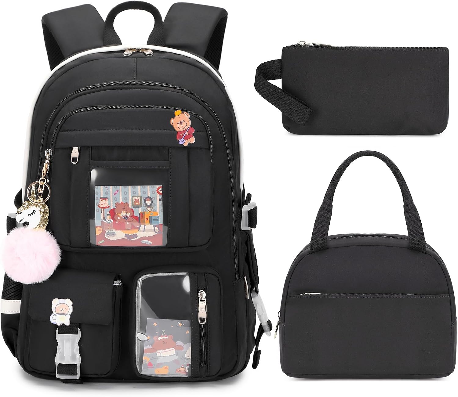 Laptop Backpacks 16 Inch School Bag College Backpack 3 PCS with Lunch Box Pencil Pouch Set Large Travel Daypack Kawaii Bookbags for Teens Girls Women Students (Black)