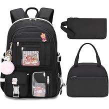 Laptop Backpacks 16 Inch School Bag College Backpack 3 PCS with Lunch Box Pencil Pouch Set Large Travel Daypack Kawaii Bookbags for Teens Girls Women Students Black