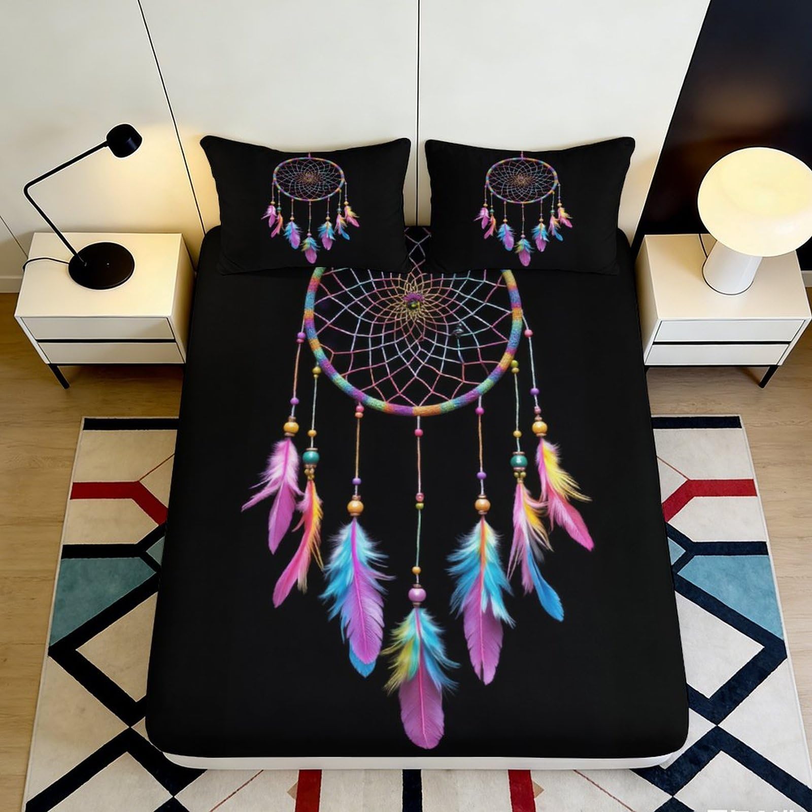 3D Printed Dreamcatcher Fitted Sheet Microfiber Soft Colorful Feather Bed Cover for Bedroom Dorm Mattress Protector 140x200x25cm