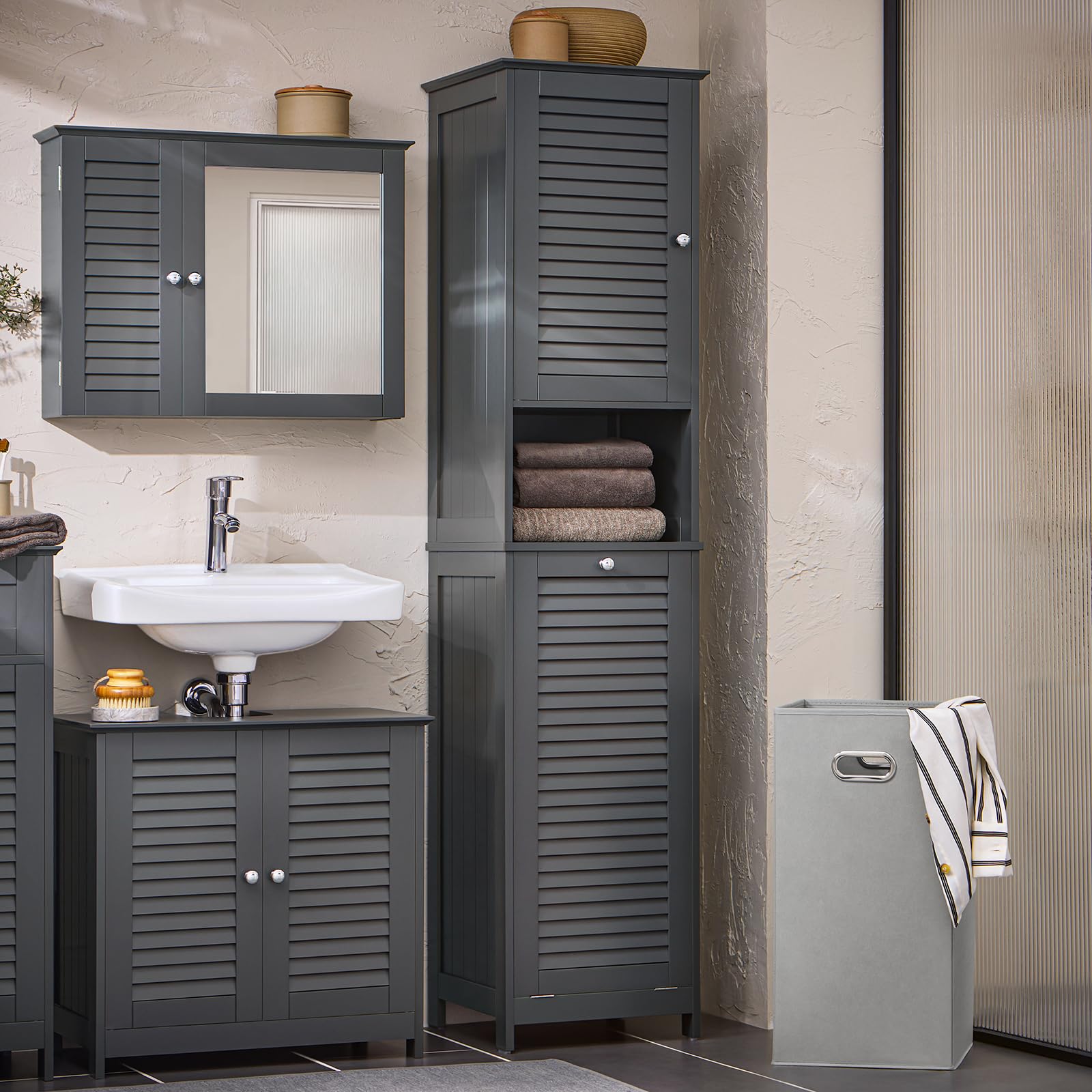 SoBuy Mueble Baño Estrecho con Cesto para Ropa Sucia 40x170x38 cm | Mueble Ropa Sucia, Armario Baño Columna Auxiliar de Baño con Estantería, Mueble Almacenaje,Gris Oscuro BZR124-DG