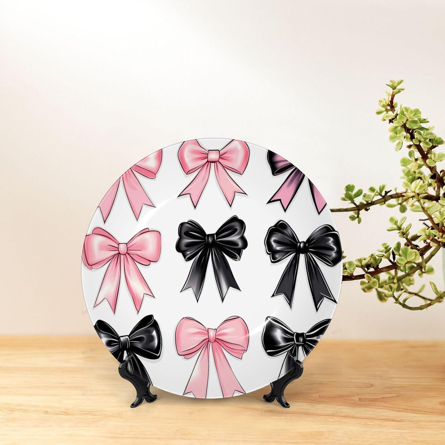 Pink Bow Style Ceramic Plate Display Home Display With Stand Wall Hanging Plate For Home Decor 10 Inch