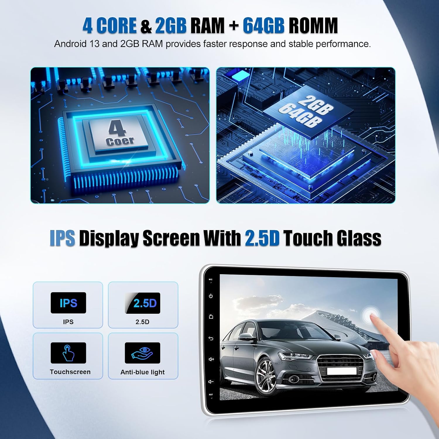 Diagram showing the 4-core processor, 2GB RAM, and 64GB ROM, along with an IPS display with 2.5D touch glass.