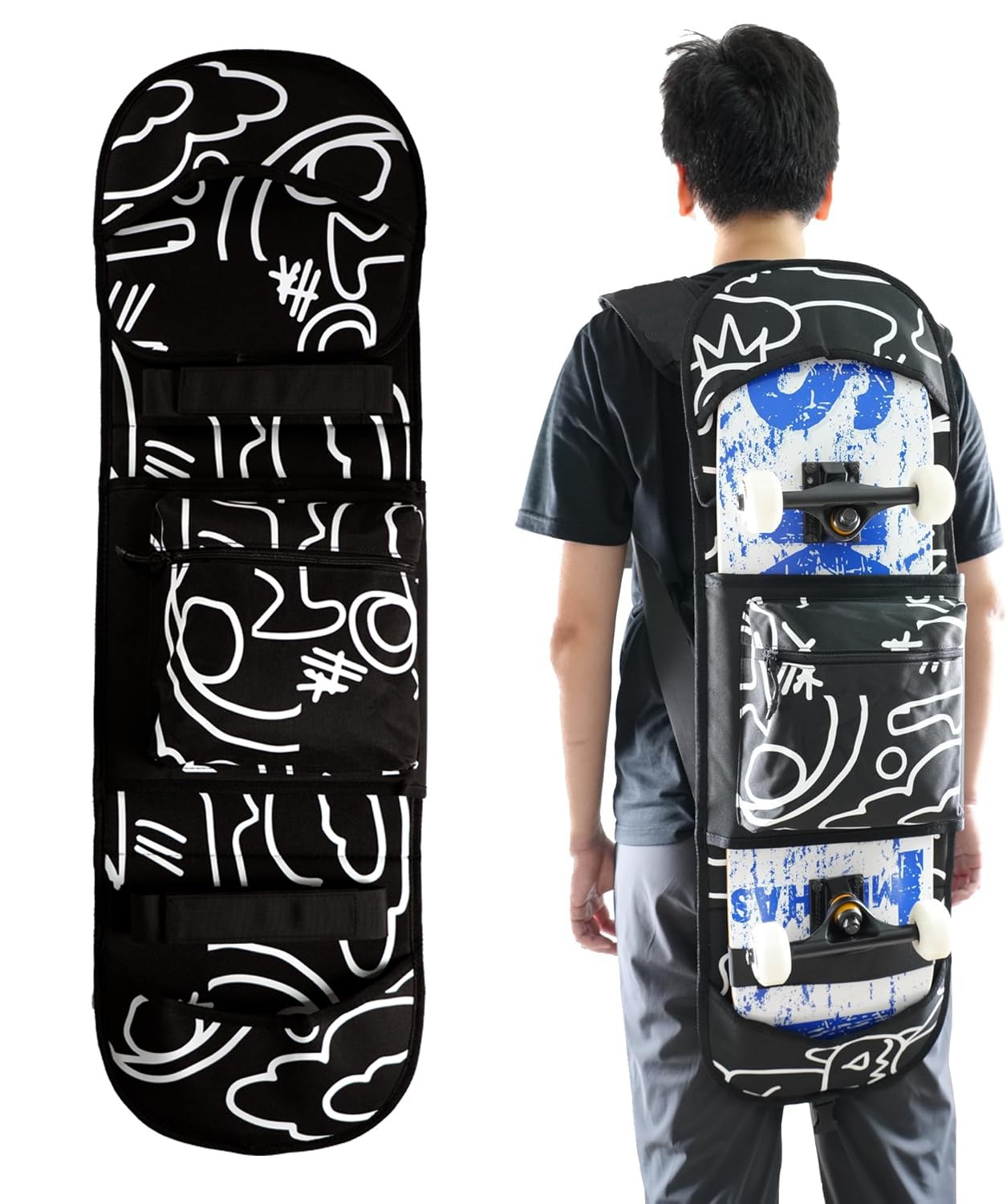 QOPET Zaino Trasporto Skateboard Impermeabile - Per Cruiser, Longboard Elettrico e Skate Normale, Tessuto Oxford 900D Robusto, Design Pieghevole per Adulti
