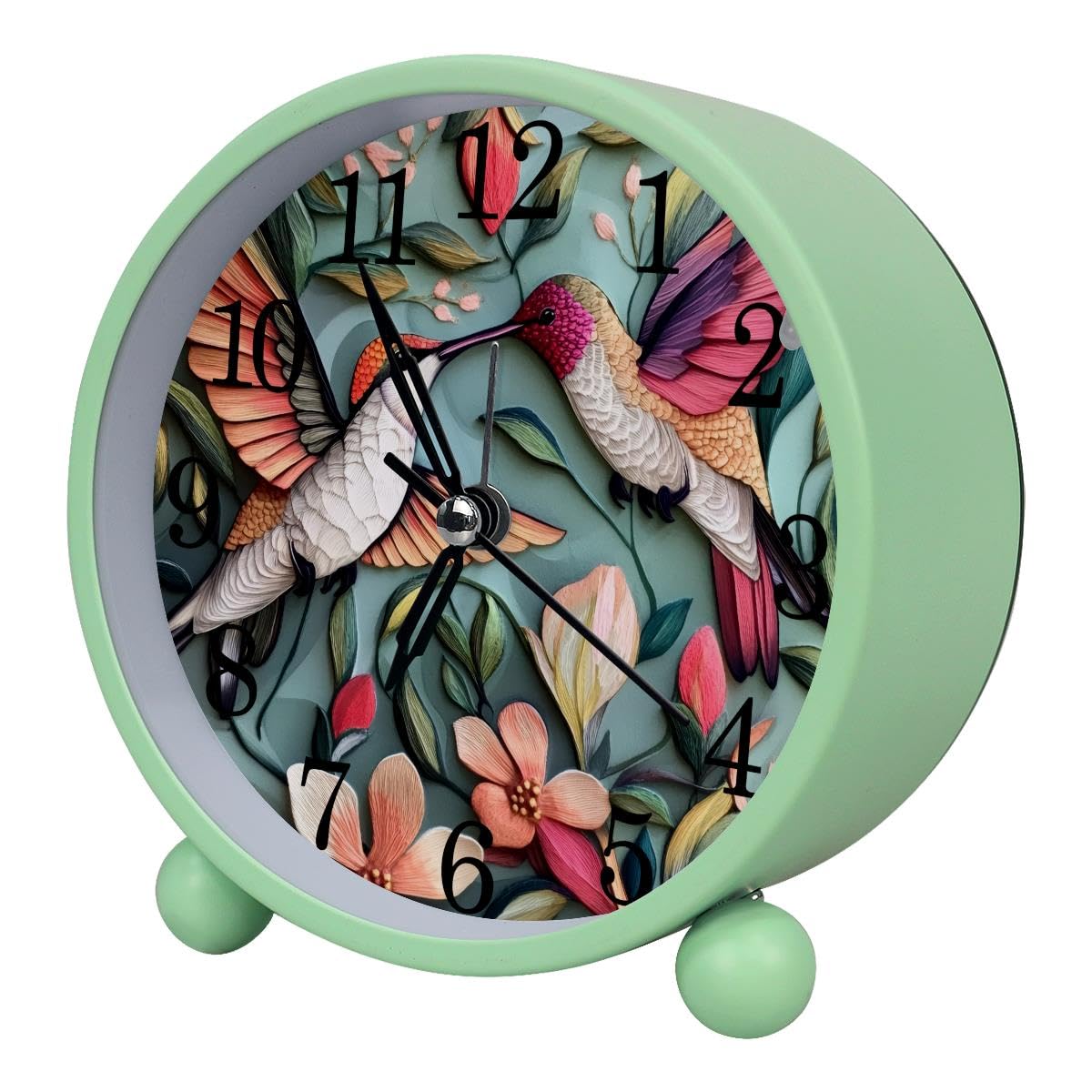 Luoweisi Alarm Clock Hummingbird Flowers, Silent Non-Ticking with Night Light, Round Metal Alarm Clock for Office, Battery Operated, Bedroom, Elderly, Adults, Children, Student Gifts