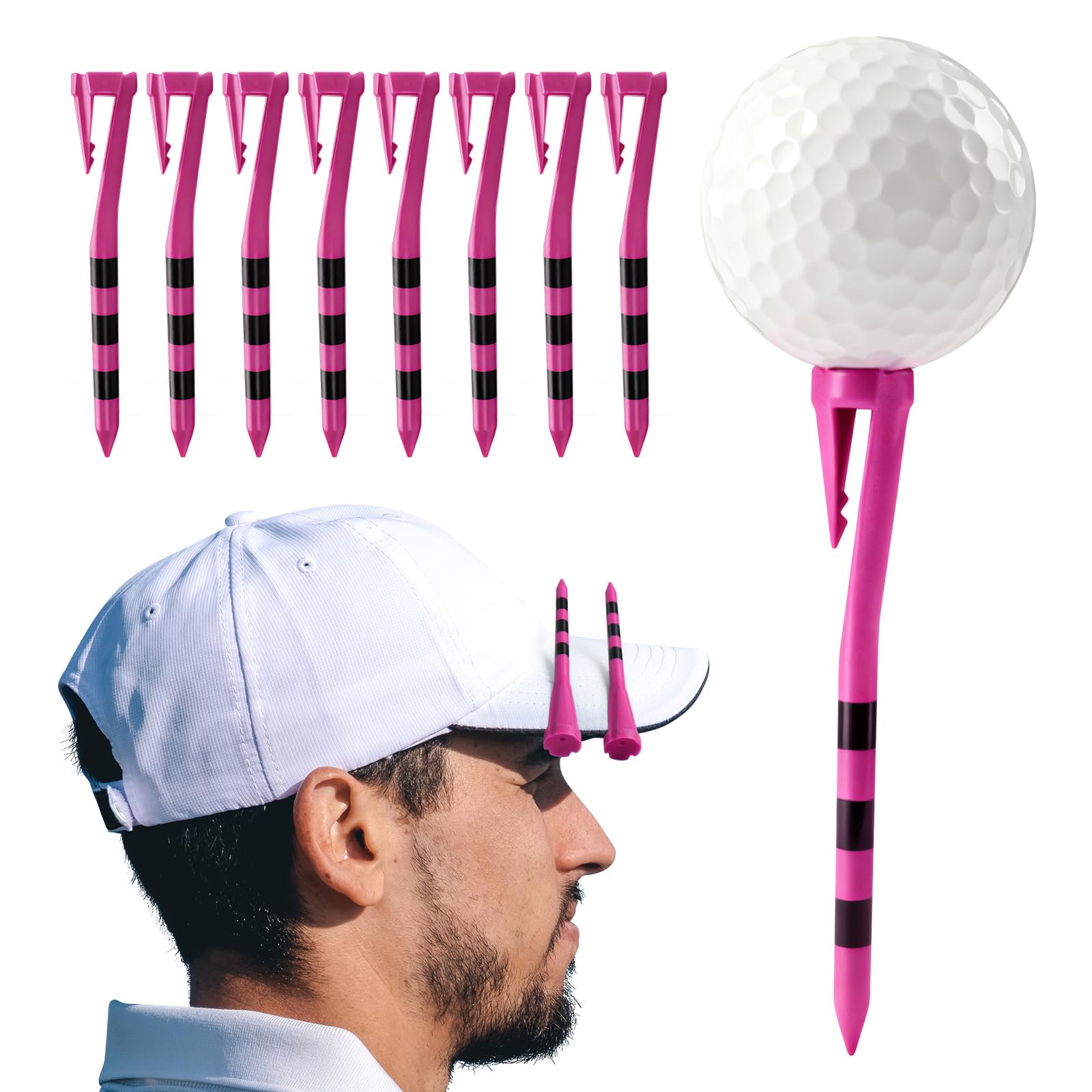 FINGER TEN Plastic Golf Tees With Hook Clip 3 1/4 Inch Value 20/30 Pack, Consistent Height & Durable Dual Function Tees For Golfers, Reusable Golf Accessories Fits Hats Belts (Pink, 3.25“30 Pack)