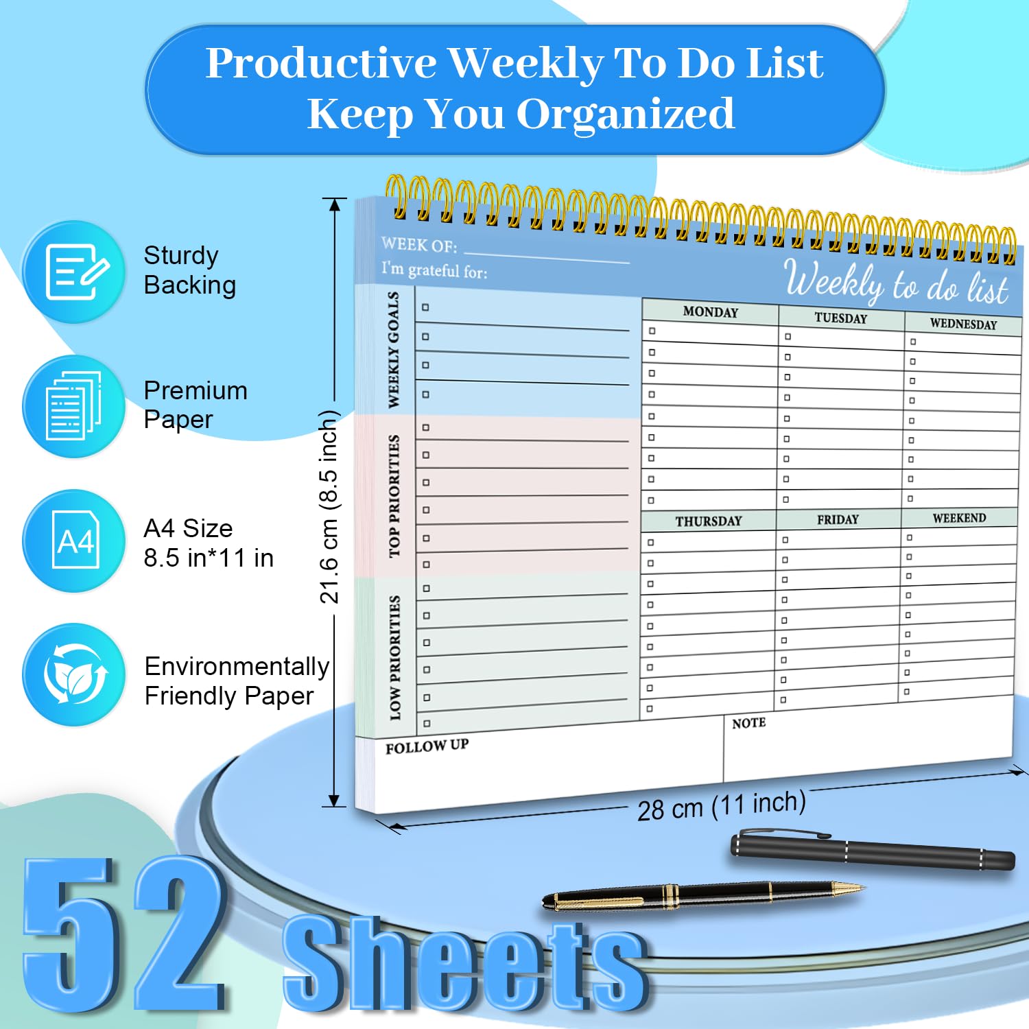 BLESWIN Weekly Planner Pad, To Do List Pad Undated 52 Sheets, 8.5" x 11" Weekly Planner Notebook Organizers - Image 2