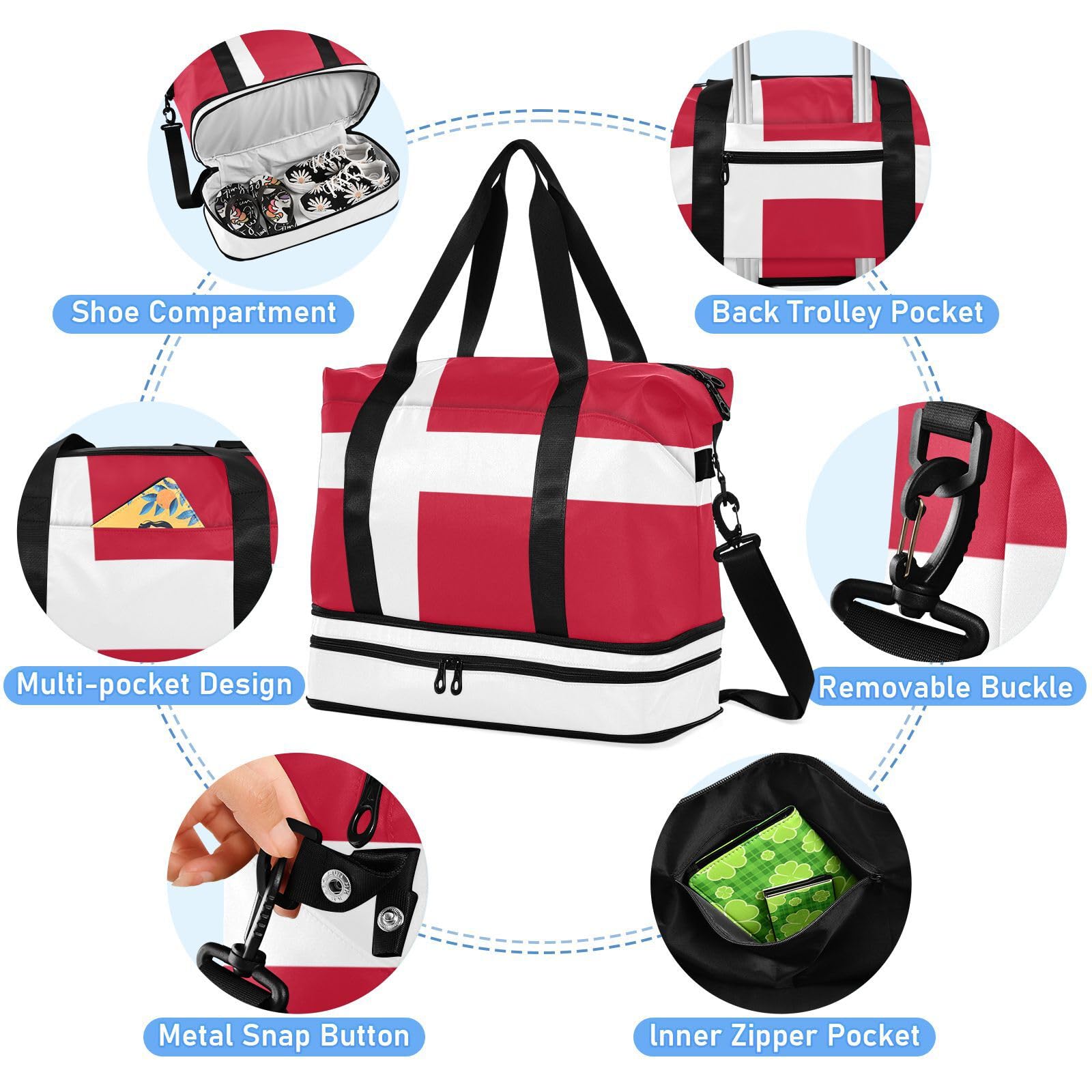 Borsa da viaggio con bandiera della Danimarca con tasca bagnata, tracolla regolabile, borsa da palestra per escursionismo, multifunzionale, per uomini e donne