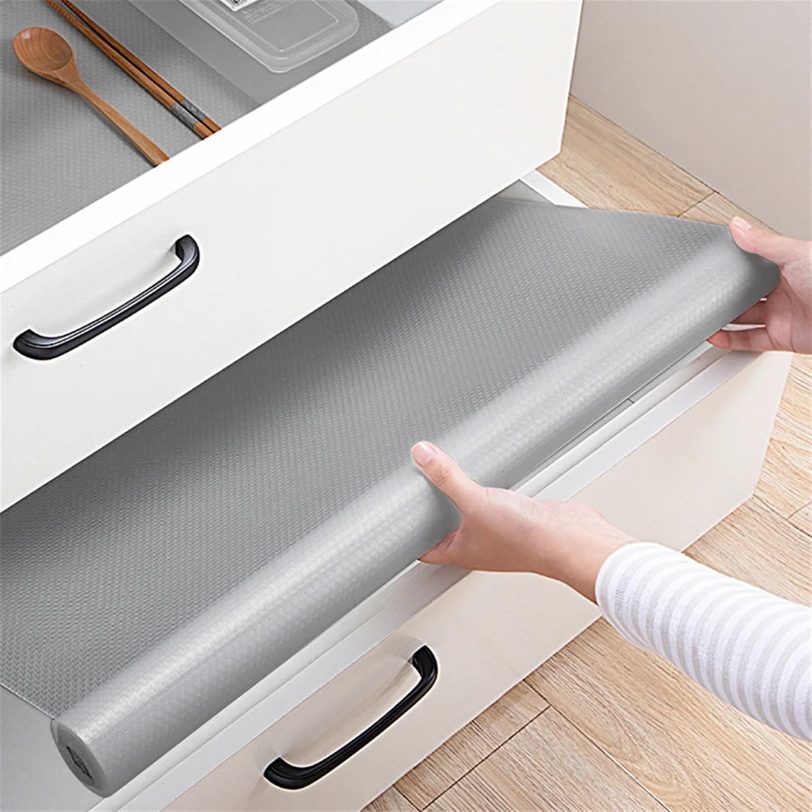 Küchenschubladenmatten 60 x 500 cm Wiederverwendbare graue Regalabdeckung, Schrank- und Schubladenmatte, wasserdichte, rutschfeste Kühlschrankmatte, Küchentischunterlage
