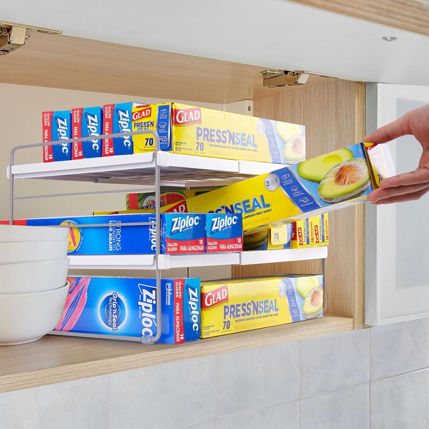 Pantry Organizers and Storage,3 Tiers Expandable Foil and Plastic Wrap Organizer, Adjustable Kitchen Cabinet Shelf Organizer, Shelves Storage Rack for Cabinet Countertop (9.8" To 15.6"L) 2PCS - Image 2