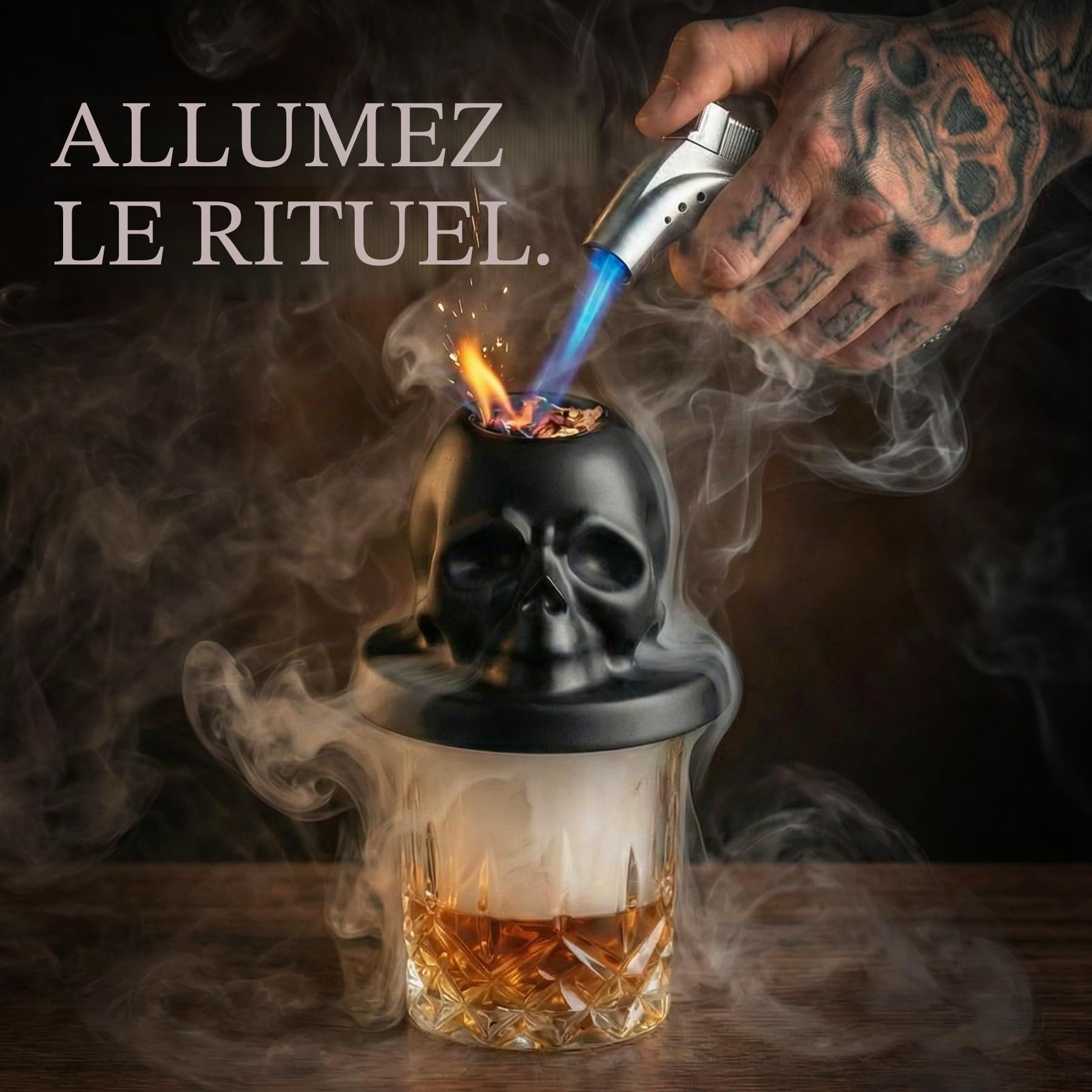 Kit de fumoir à whisky avec torche – Crâne en céramique à l'ancienne, fumoir pour bourbon et cocktail – Cadeaux de Saint-Valentin uniques pour homme, mari, petit ami et lui – Accessoires de bar cool
