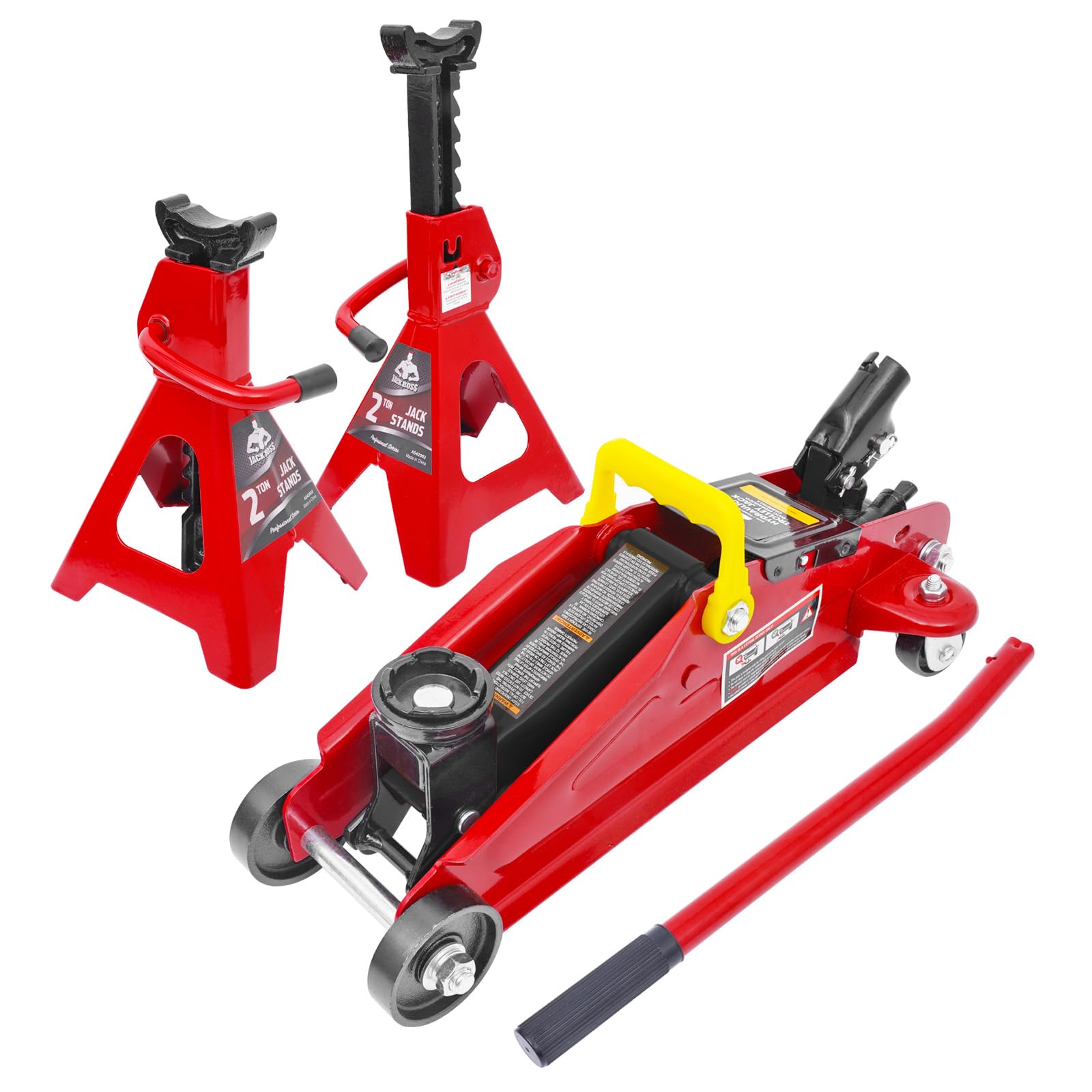 Cric idraulico da pavimento 2T combinato con due cavalletti, capacità di carico 1814,4 kg, rosso e nero