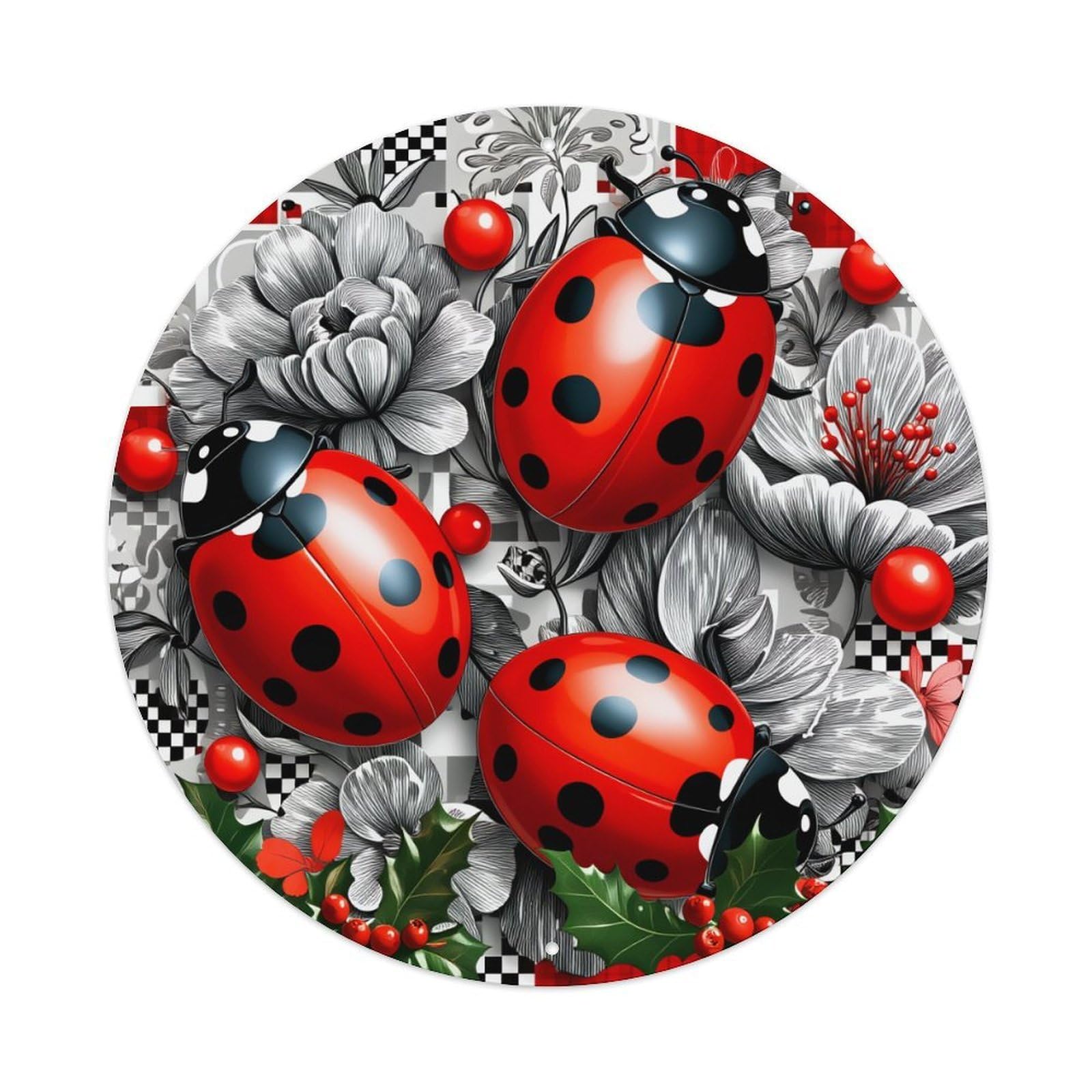 Ladybugs Flowers Berries Checkered Background Round Tin Sign Vintage Metal Poster, Home Bar Garage Man Cave Cafe Indoor & Outdoor Wall Decoration 8x8Inches