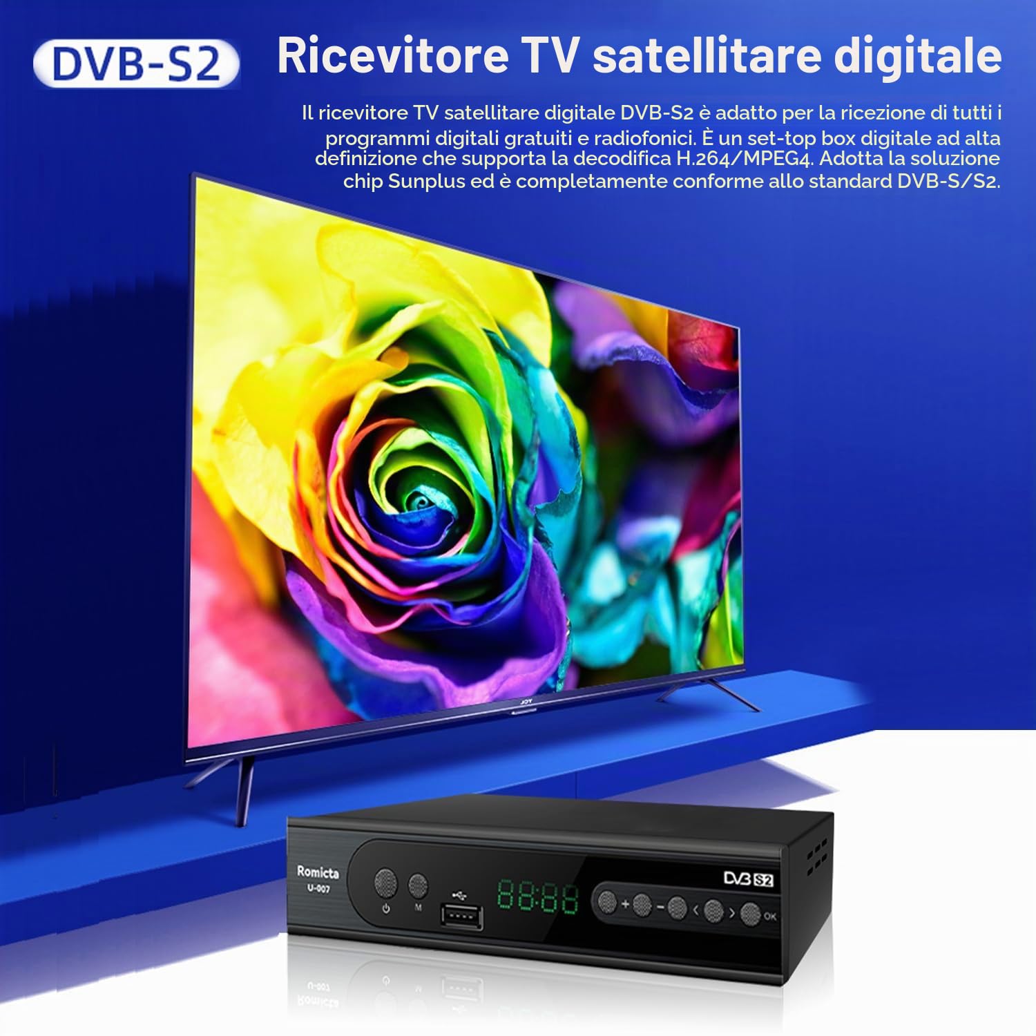 Romicta Ricevitore HD per satelliti, ricevitore satellitare con HDMI, DVB-S/S2, PVR, EPG, SCART, lettore multimediale USB, HDTV, YouTube, Meteo, Nero - HDTV satellitare