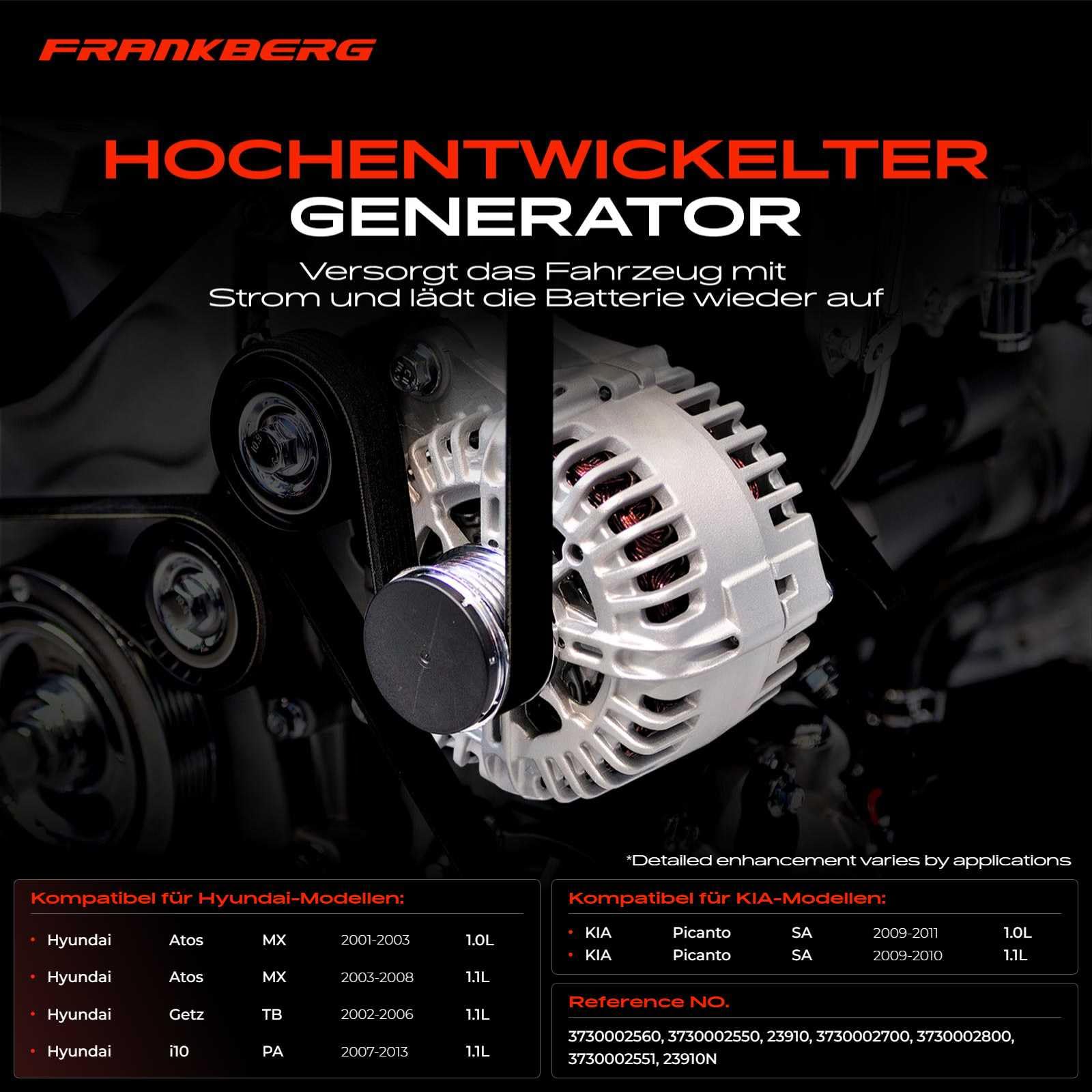 Frankberg Lichtmaschine Generator 70A Kompatibel mit Atos MX 1.0L 1.1L 1997-2008 Getz TB 1.1L 2002-2006 i10 PA 1.1L 2007-2013 Picanto BA SA 1.0L 1.1L 2009-2011 Replace# 3730002550