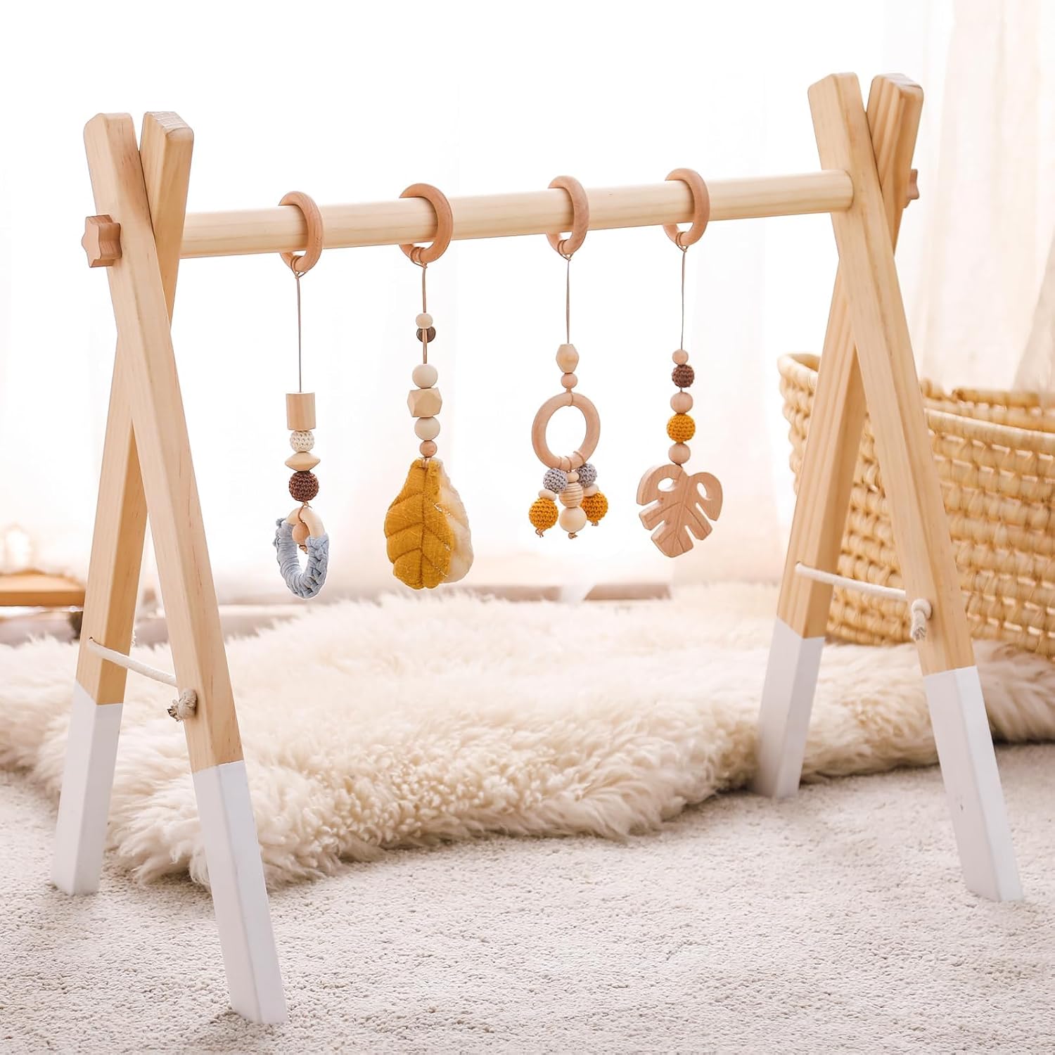 Baby Wooden Play Arch Baby Gym Wooden Baby Play Arch Newborn Toy Play Arch Activity Centre Baby Yellow Pendant Design Removable Play Arch Babies Wood
