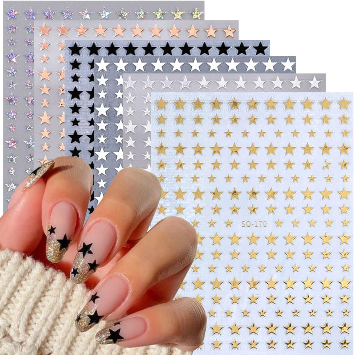 6 Sheets Star Nail Stickers 3D Glitter Shiny Gold Silver White Black Stars Nail Art Sticker Geometry Star Sticker DIY Transfer Decal Designs Nail Tips DIY Manicure Luxury Nail Art Decoration Supplies