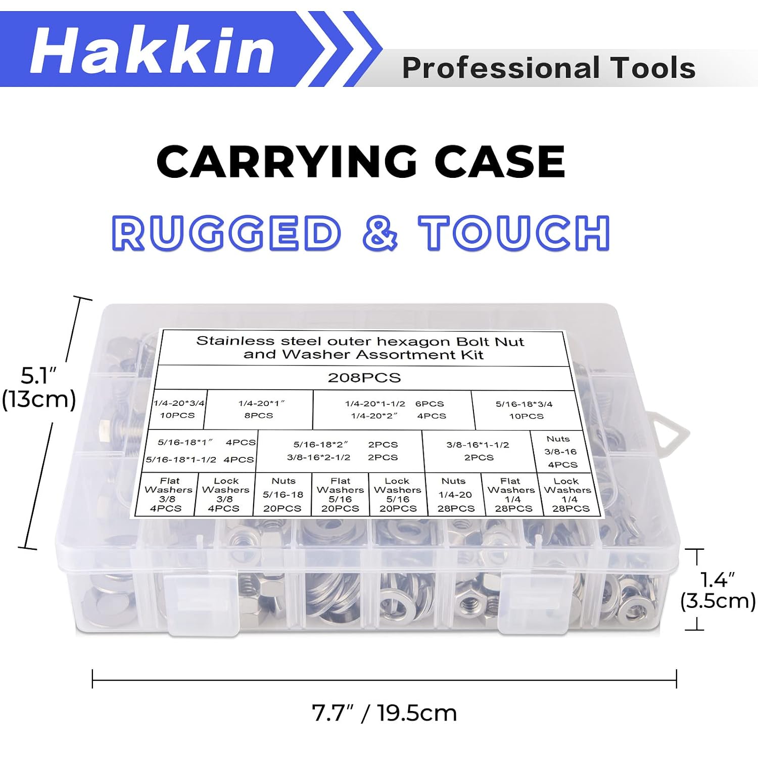 208PCS Heavy Duty Stainless Steel Hex Nuts and Bolts, 1/4" 5/16", 3/8", 10 SAE Sizes Bolts and Nuts kit, Screws Lock and Flat Gasket Washers Assortment Kit