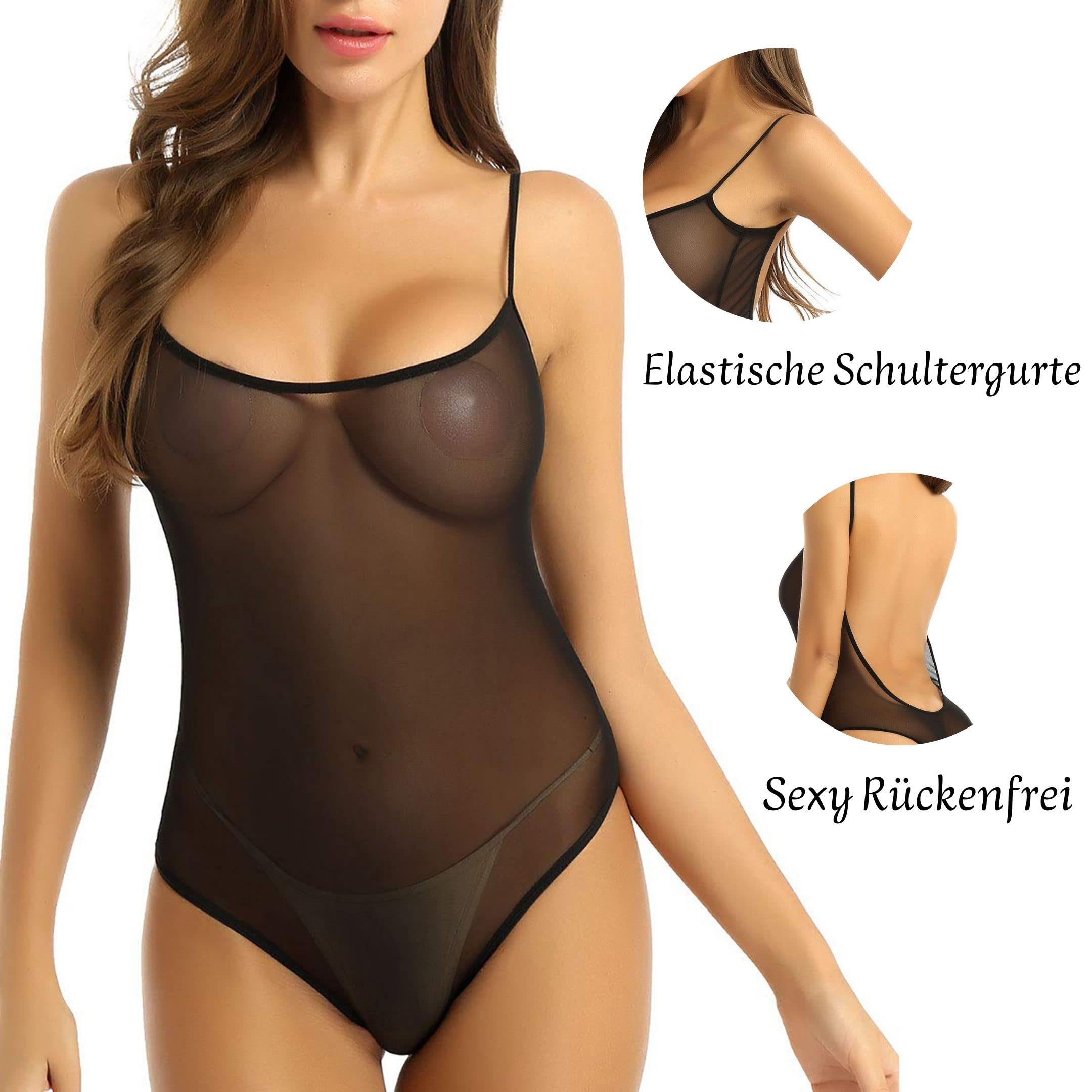 Sexy Mesh Body Transparent für Damen mit U-Ausschnitt Rückenfrei, Tüll Bodysuit mit Spaghettiträger, Stringbody Durchsichtig, Einteilige Dessous Ärmellos Reizwäsche Monokini